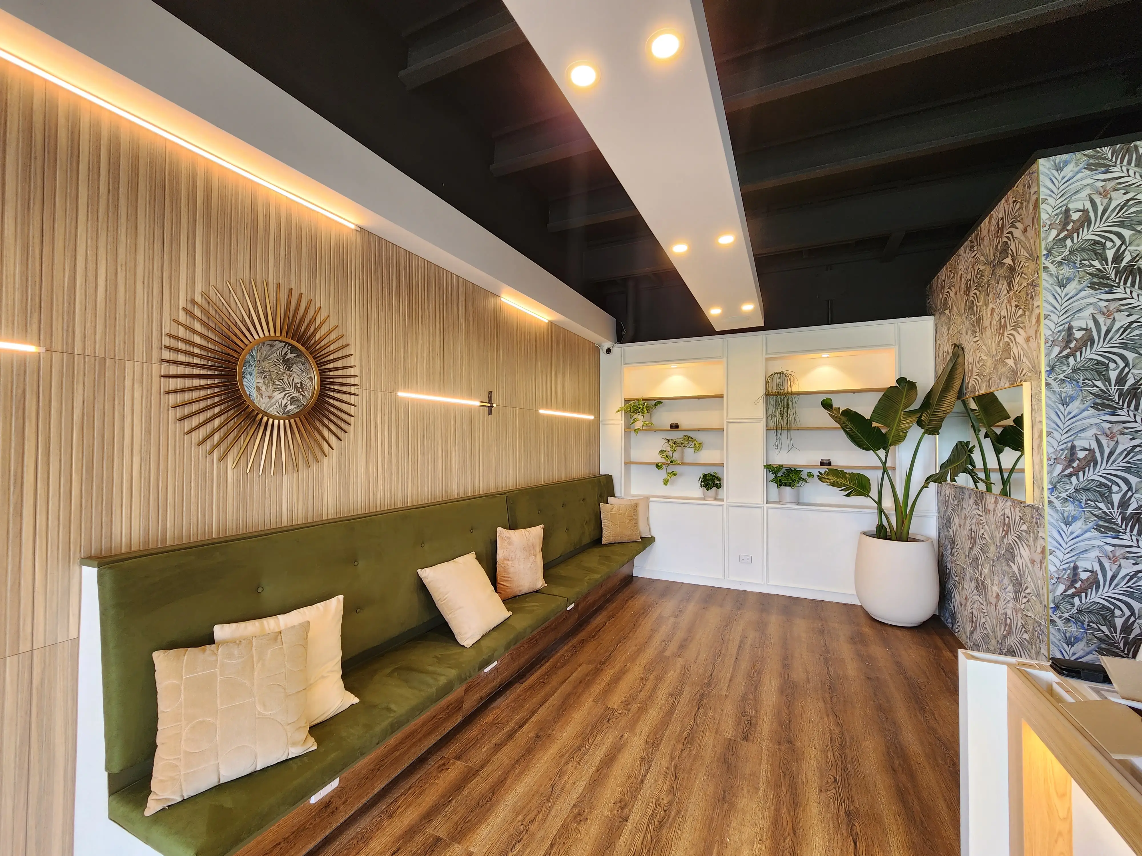 Joinery, lighting and brand details in the hospitality space.