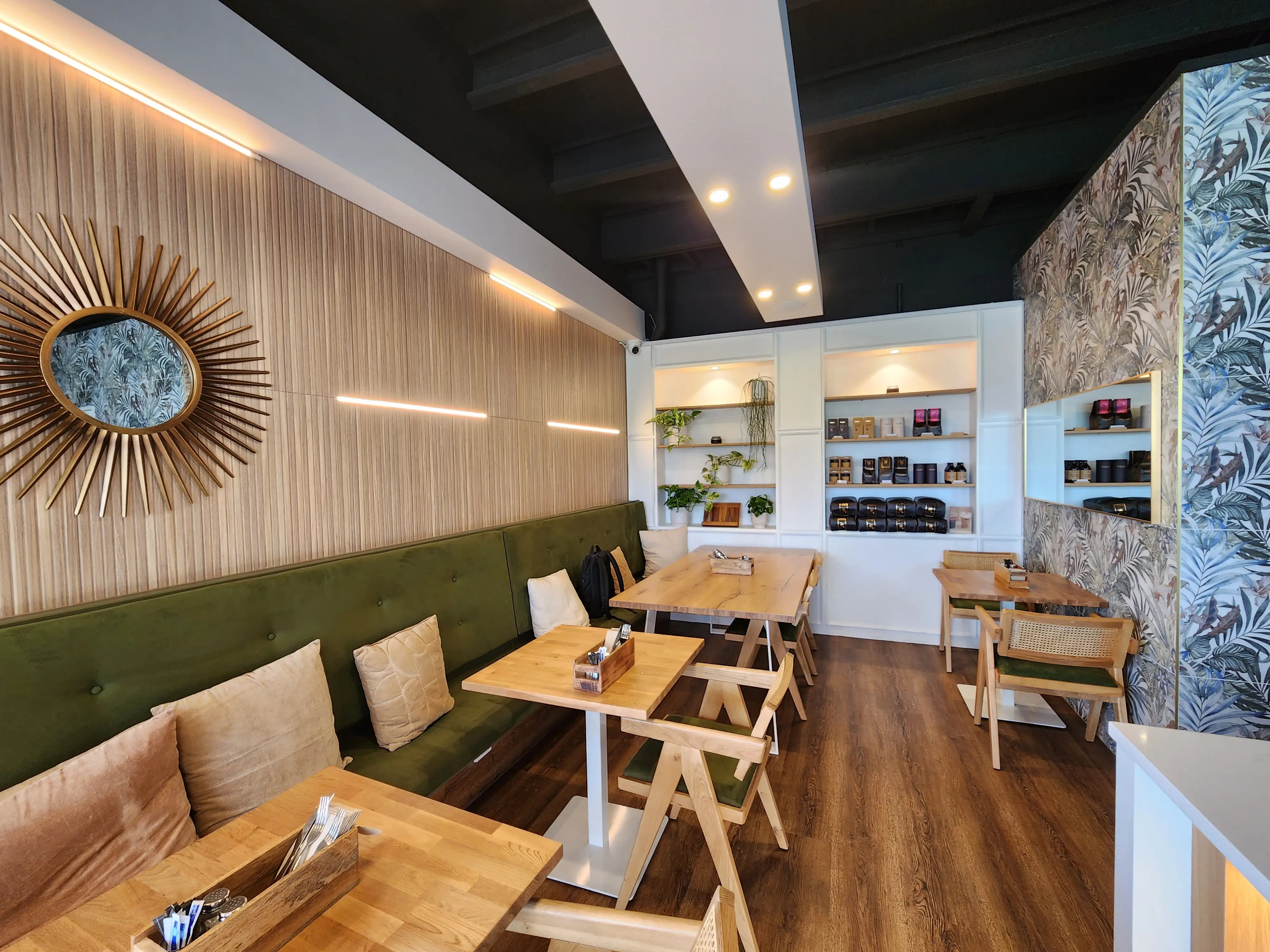 Joinery, lighting and brand details in the hospitality space.