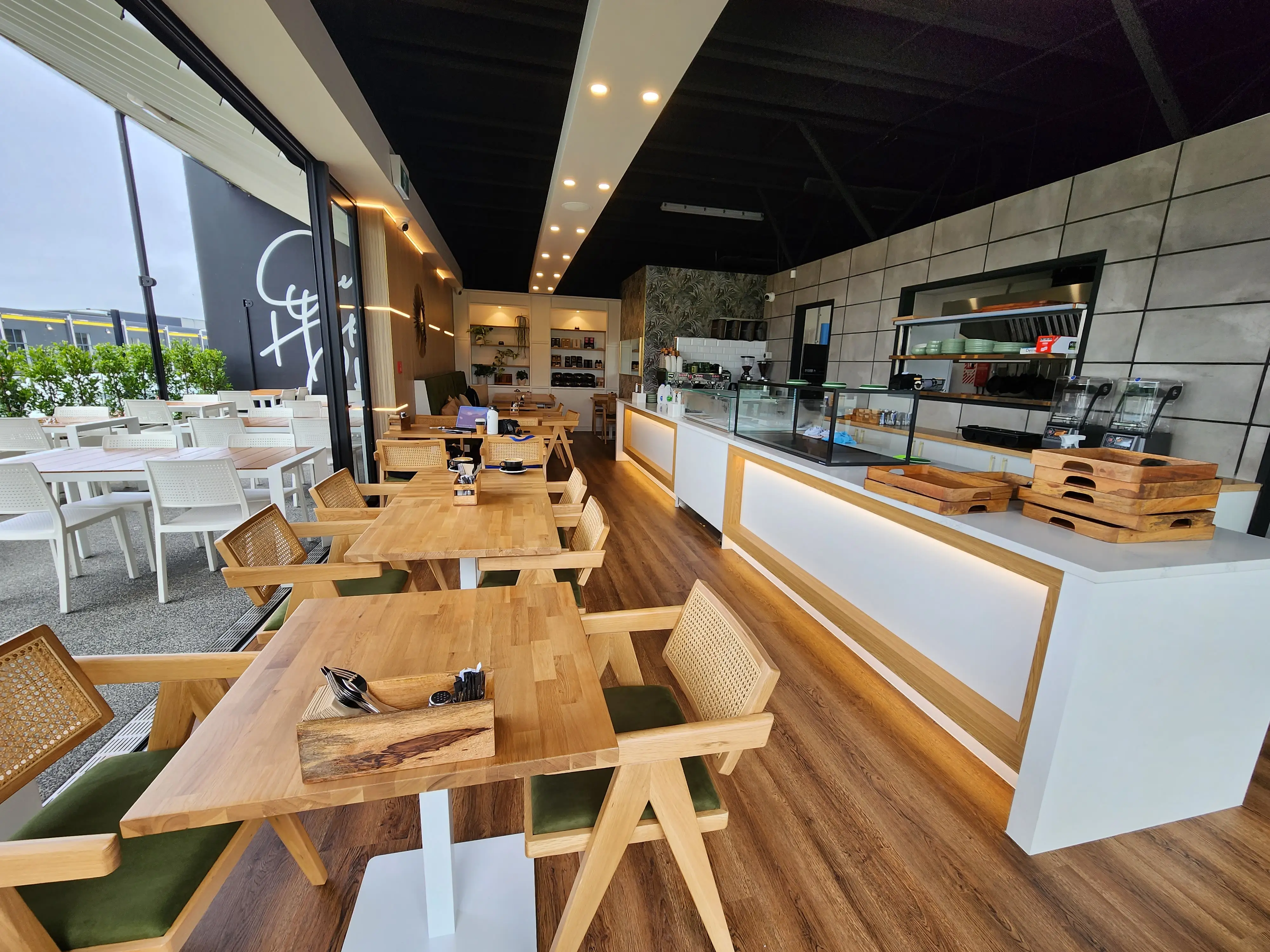 Joinery, lighting and brand details in the hospitality space.