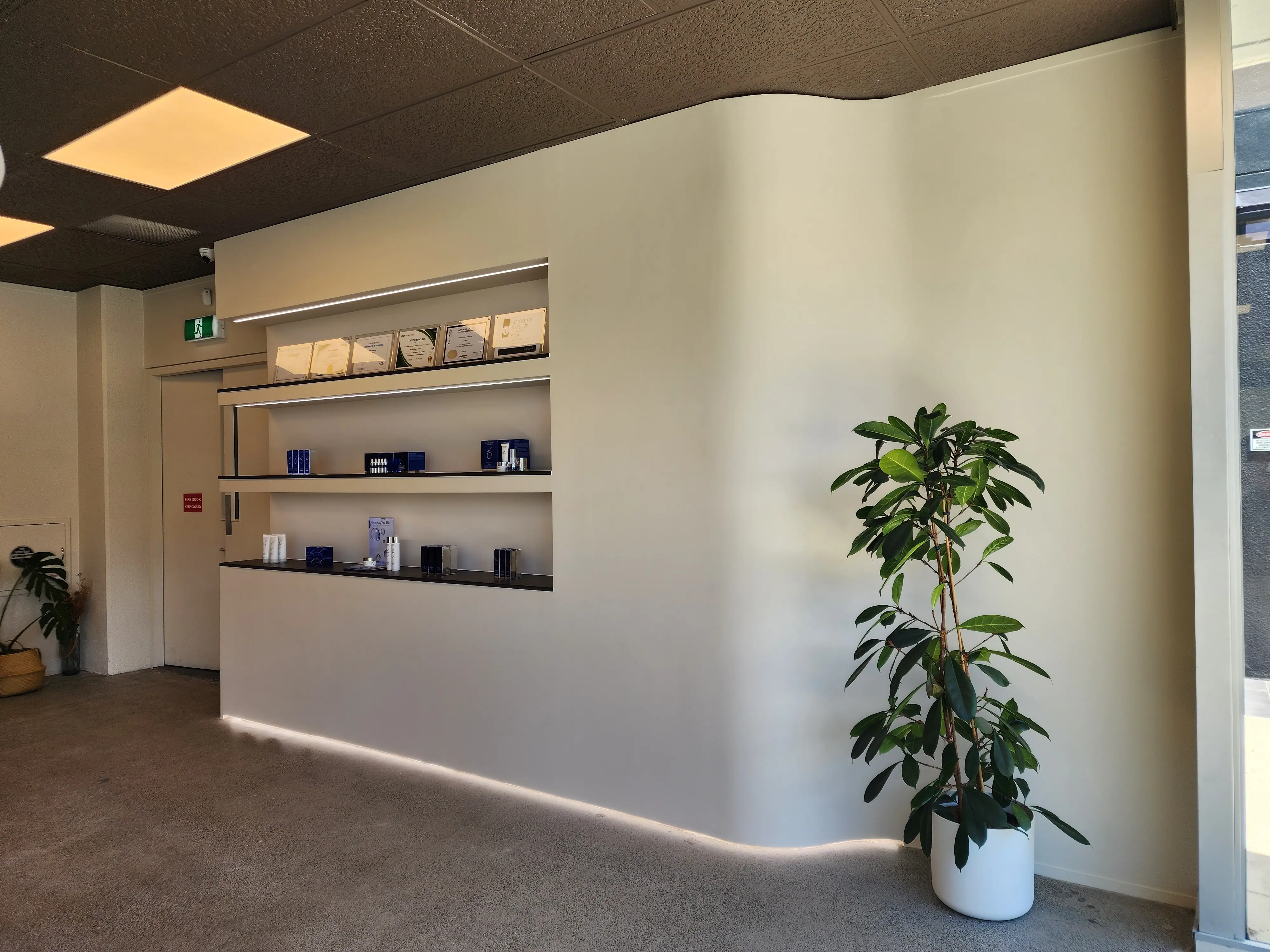 Curved openings connect the reception and adjoining interior spaces.