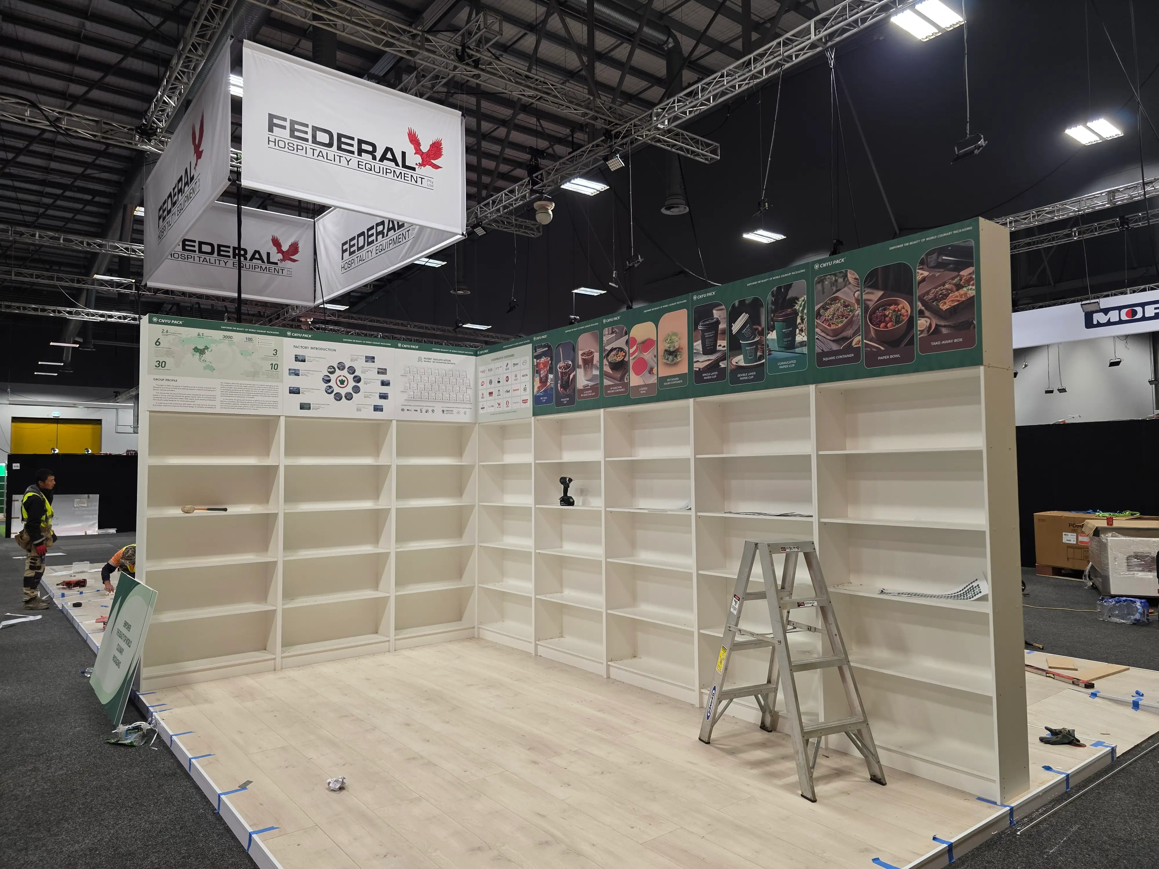 Counters, overhead identity and exhibition details.