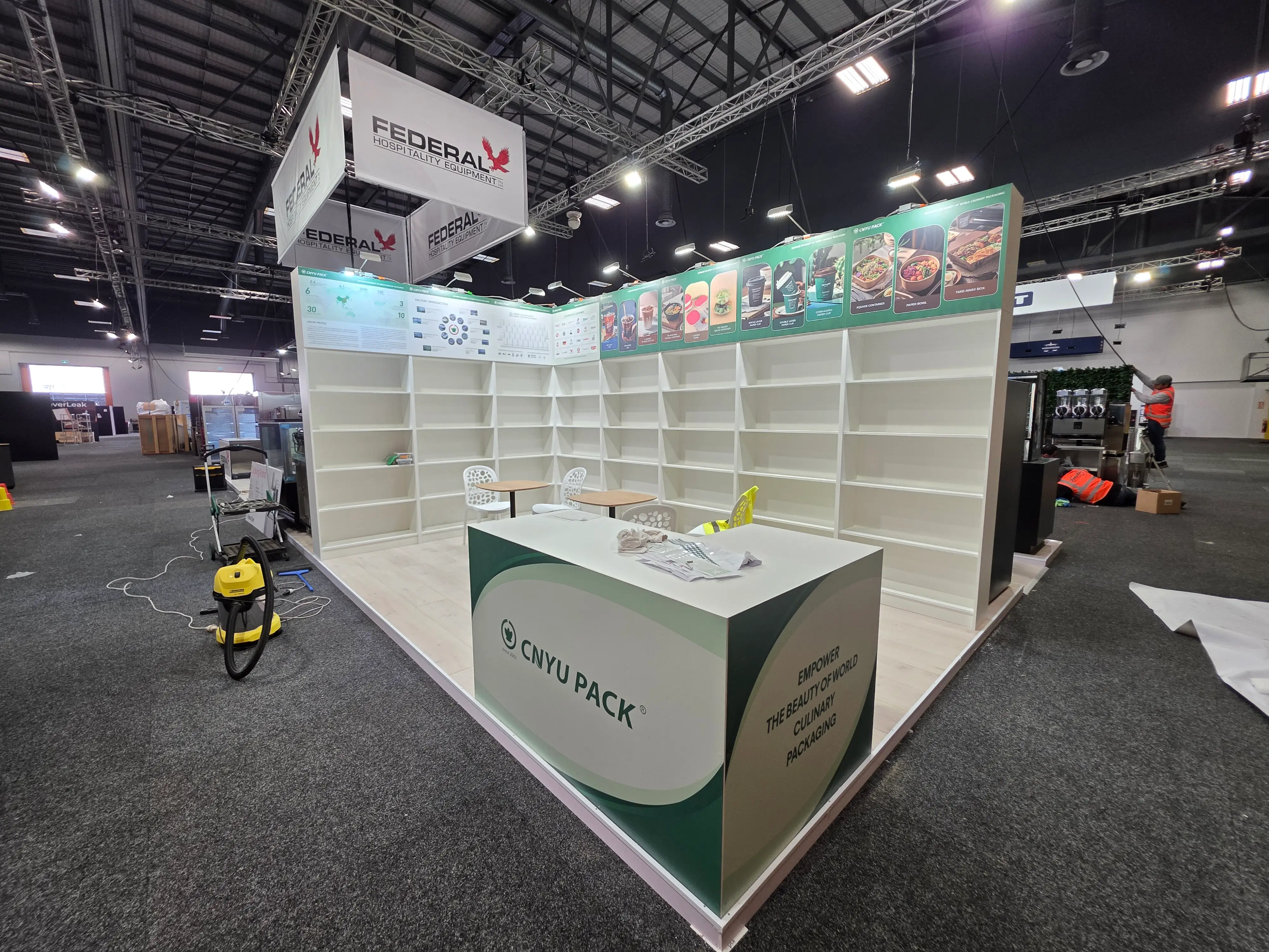 Counters, overhead identity and exhibition details.