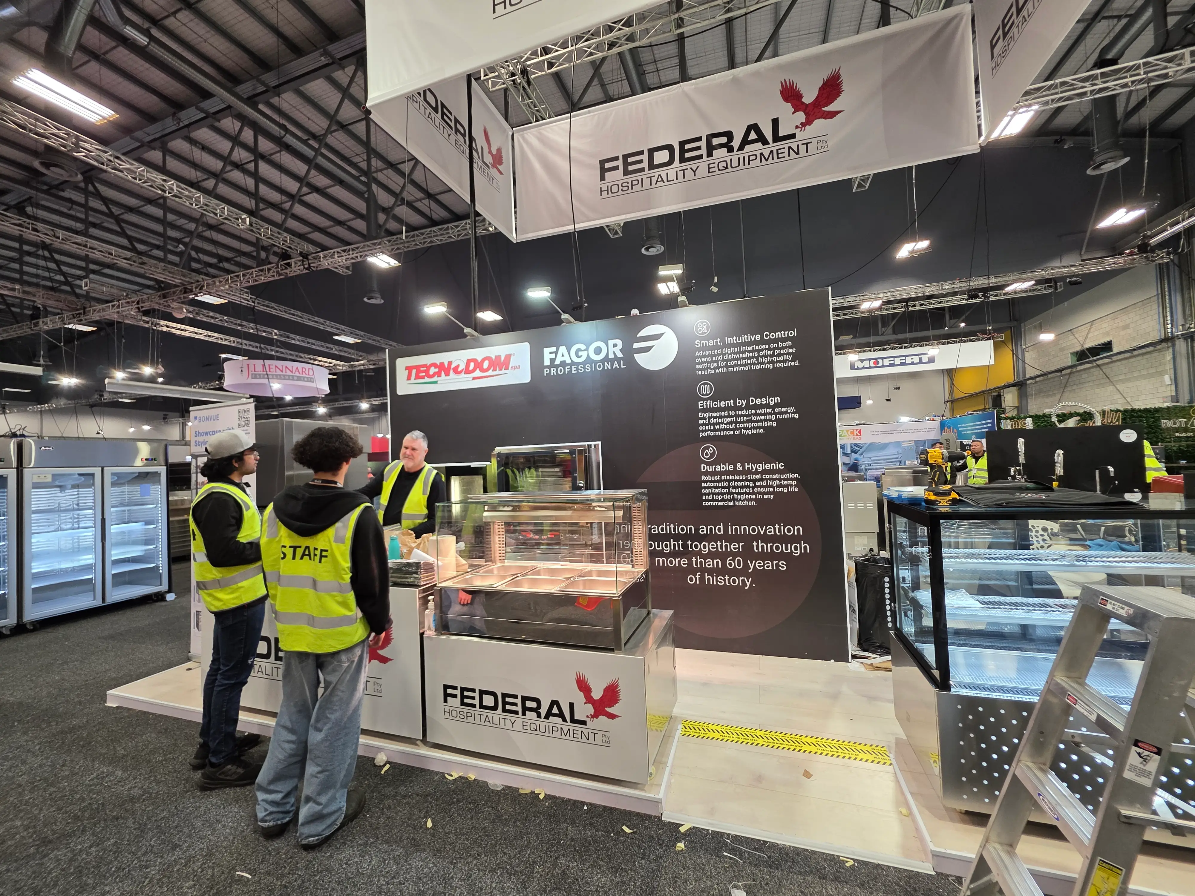 Counters, overhead identity and exhibition details.