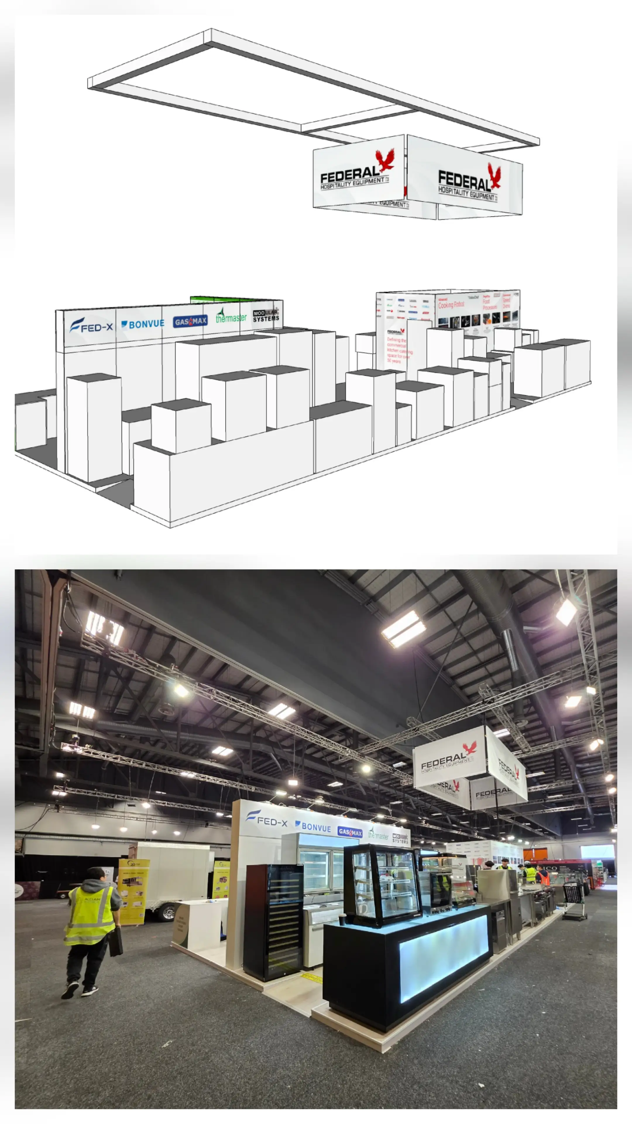 Counters, overhead identity and exhibition details.