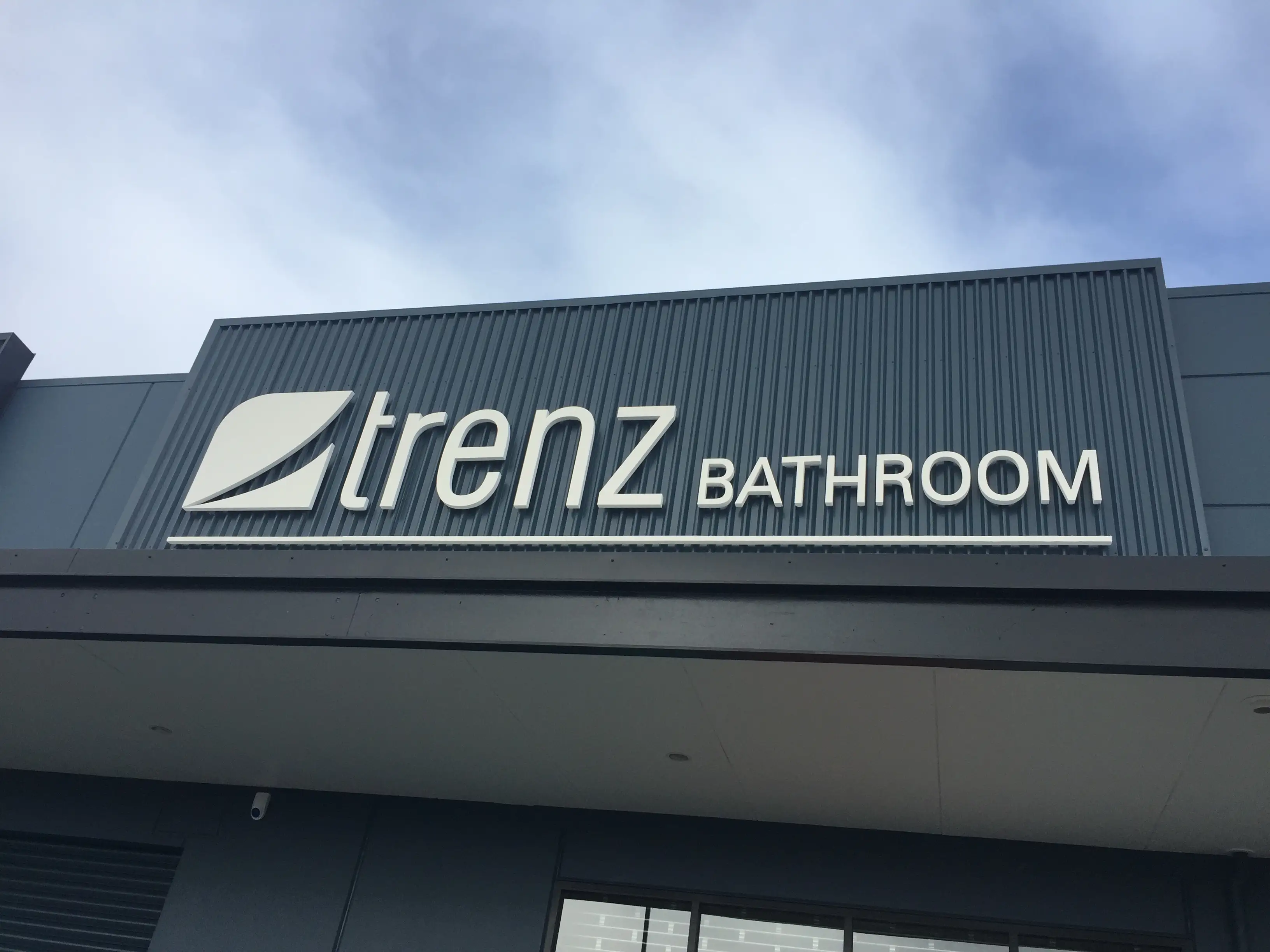 Installed lettering and façade details.