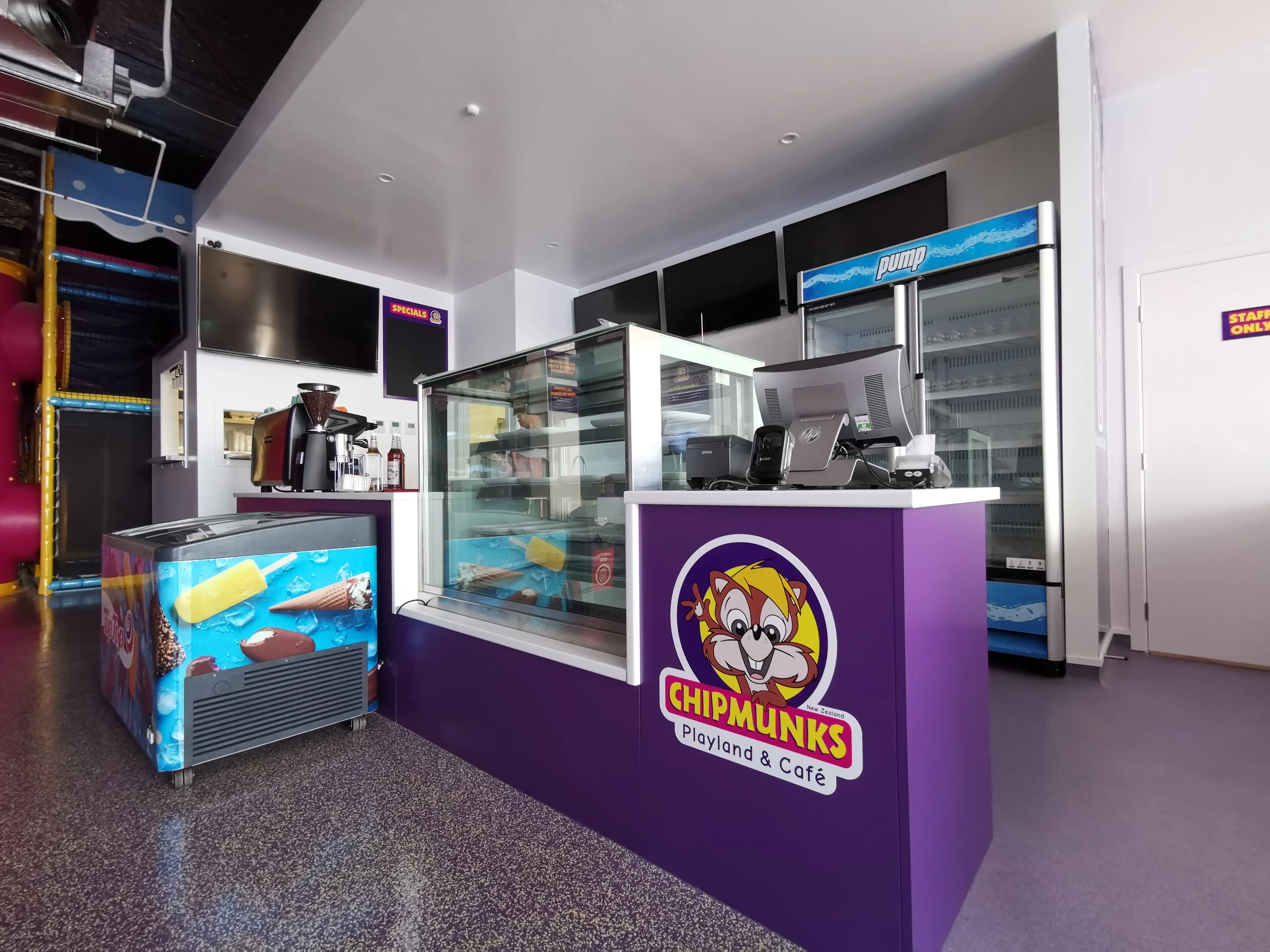 Chipmunks New Lynn front counter, café joinery and branded customer service area.