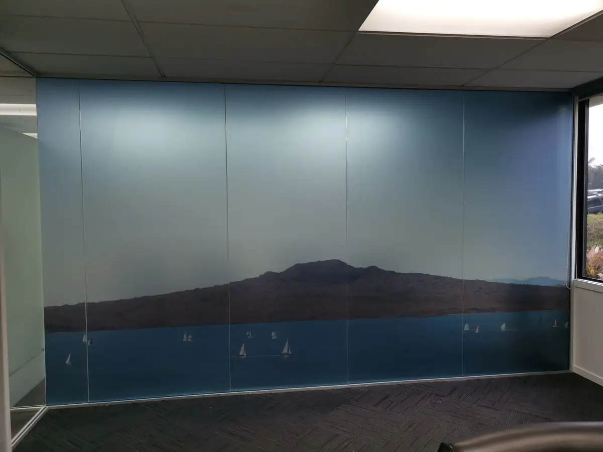 Graphic wall treatment within the completed workplace.
