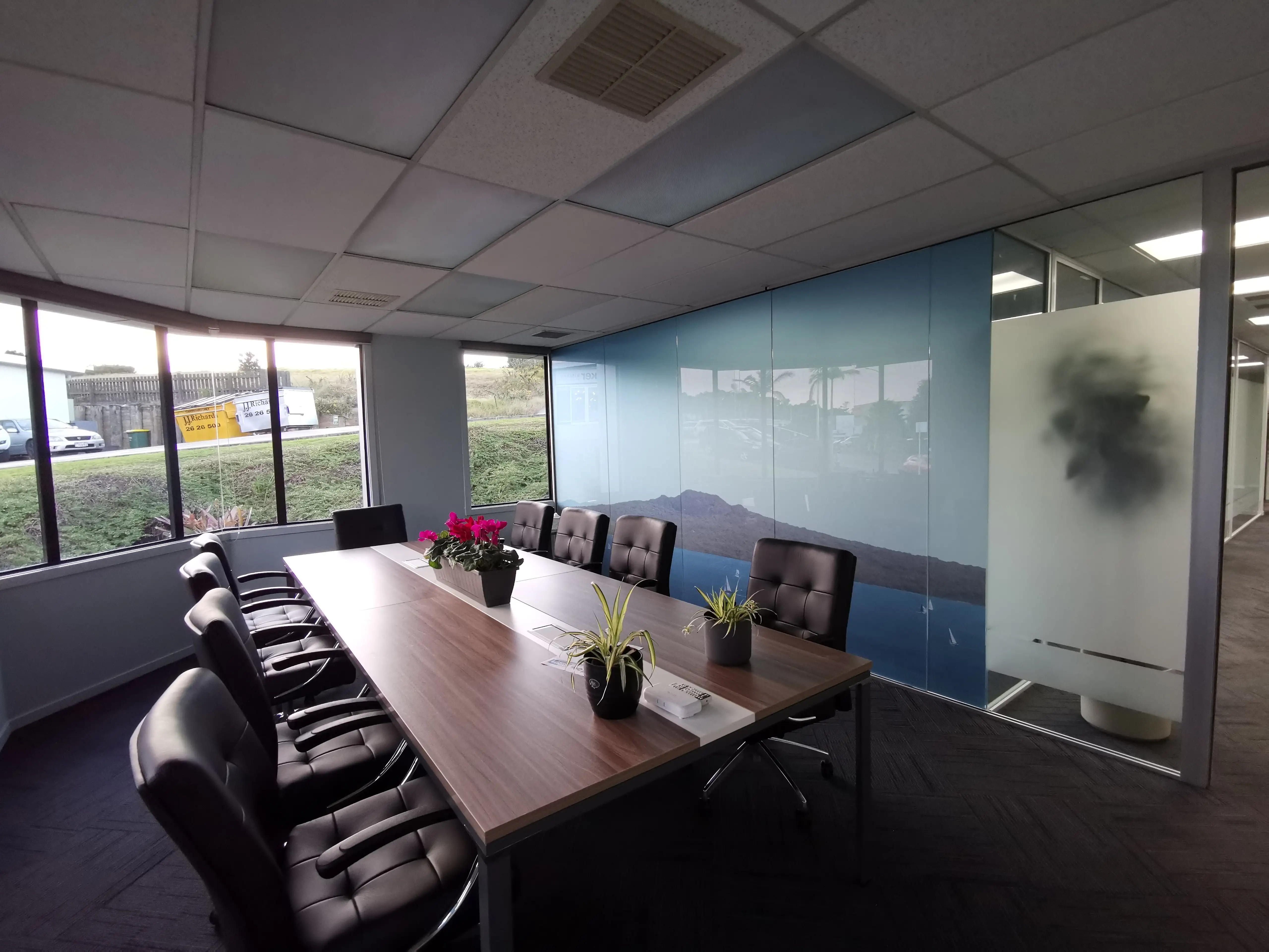 Graphic wall treatment within the completed workplace.