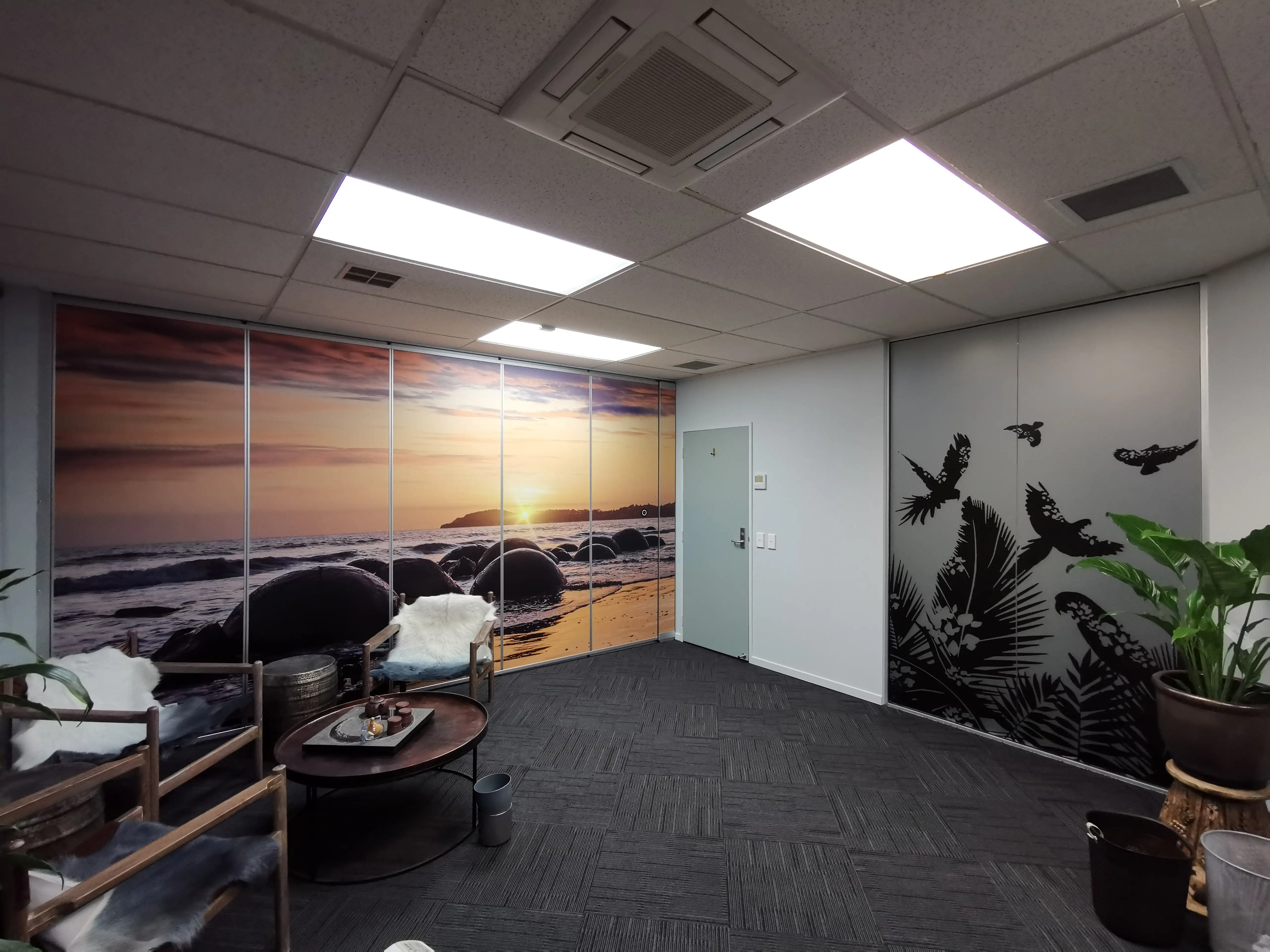 Graphic wall treatment within the completed workplace.