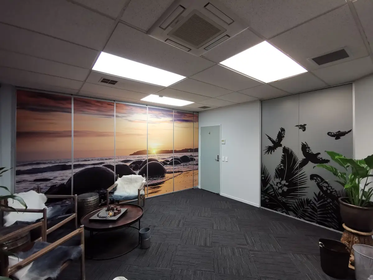 Graphic wall treatment within the completed workplace.
