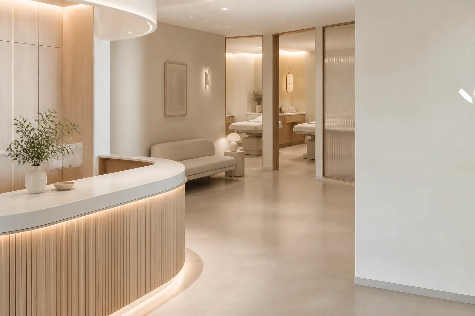 Completed beauty clinic with calm reception, treatment rooms and hygienic custom joinery