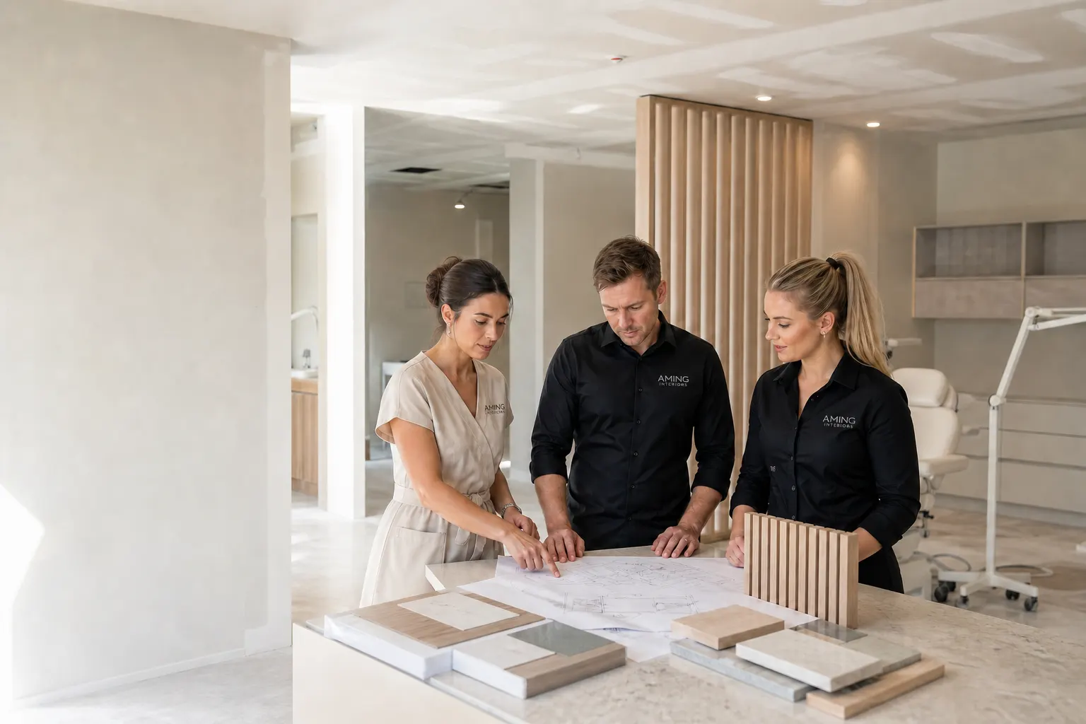 Beauty and wellness team reviewing treatment-room workflow, privacy and material samples