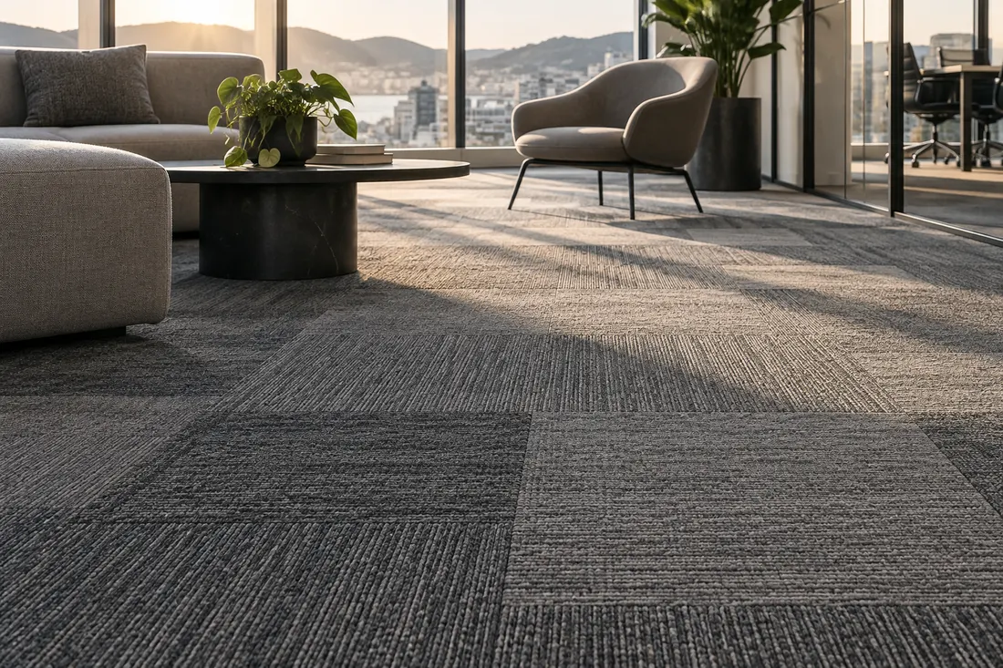 AI concept: textured commercial carpet tiles with aligned seams in an office lounge