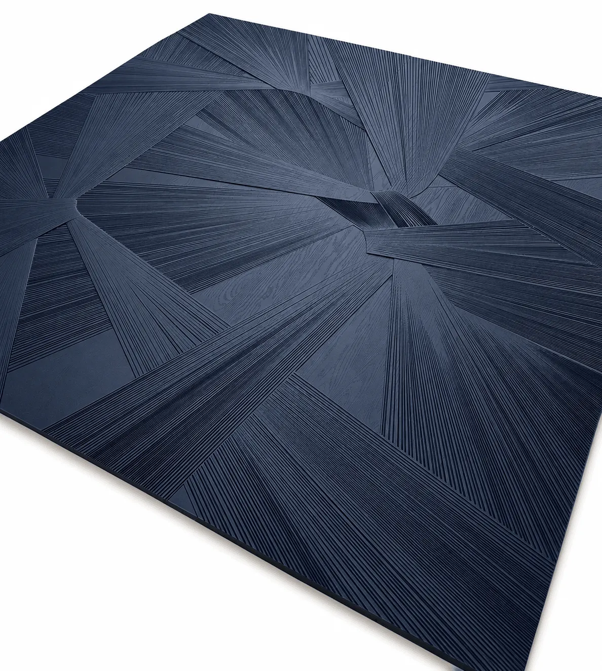 Dark carved timber panel with a layered geometric pattern