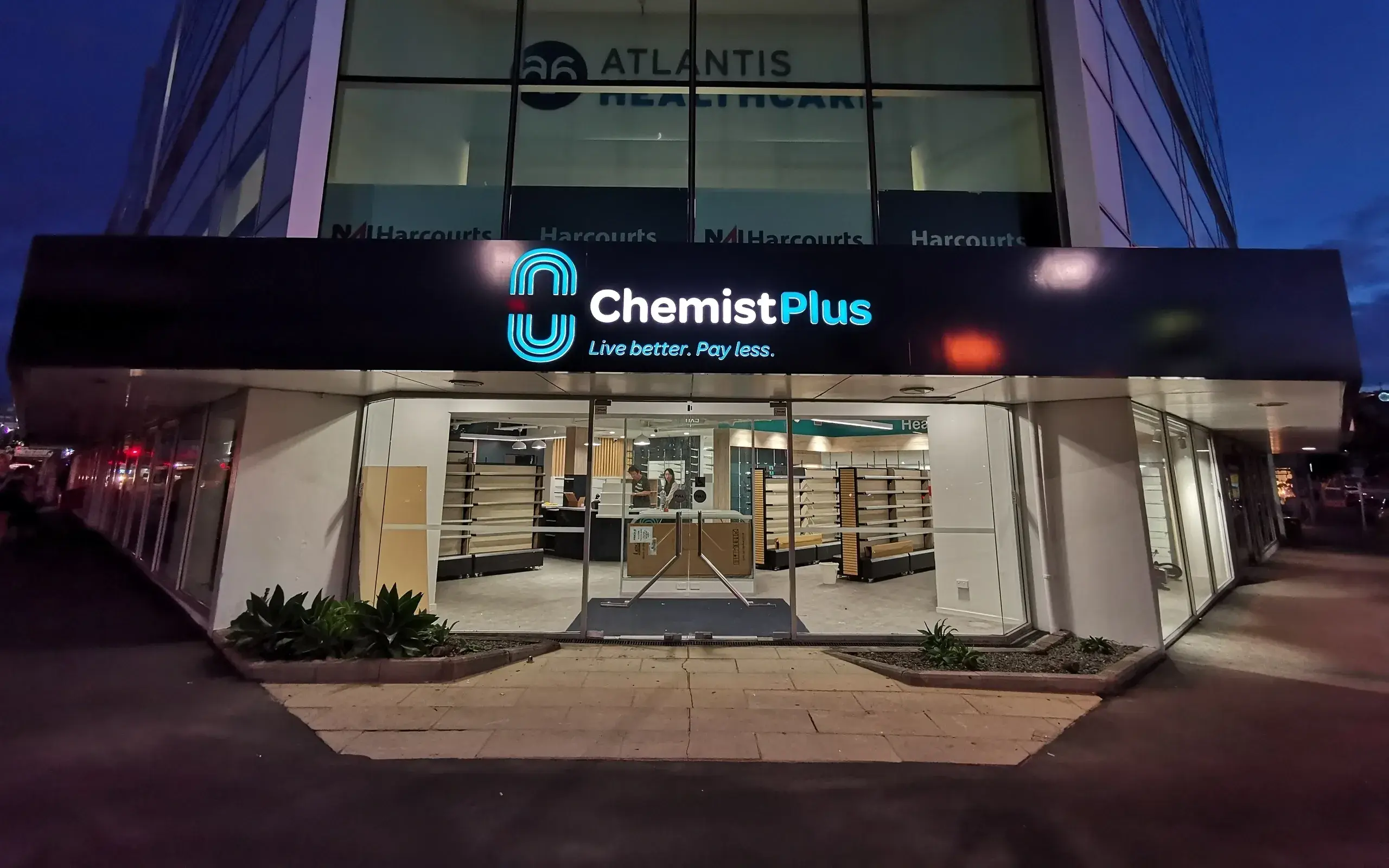 Completed illuminated Chemist Plus shopfront signage