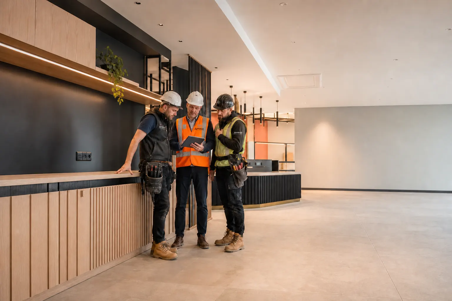 AMING project manager and trades reviewing a nearly completed commercial fit-out