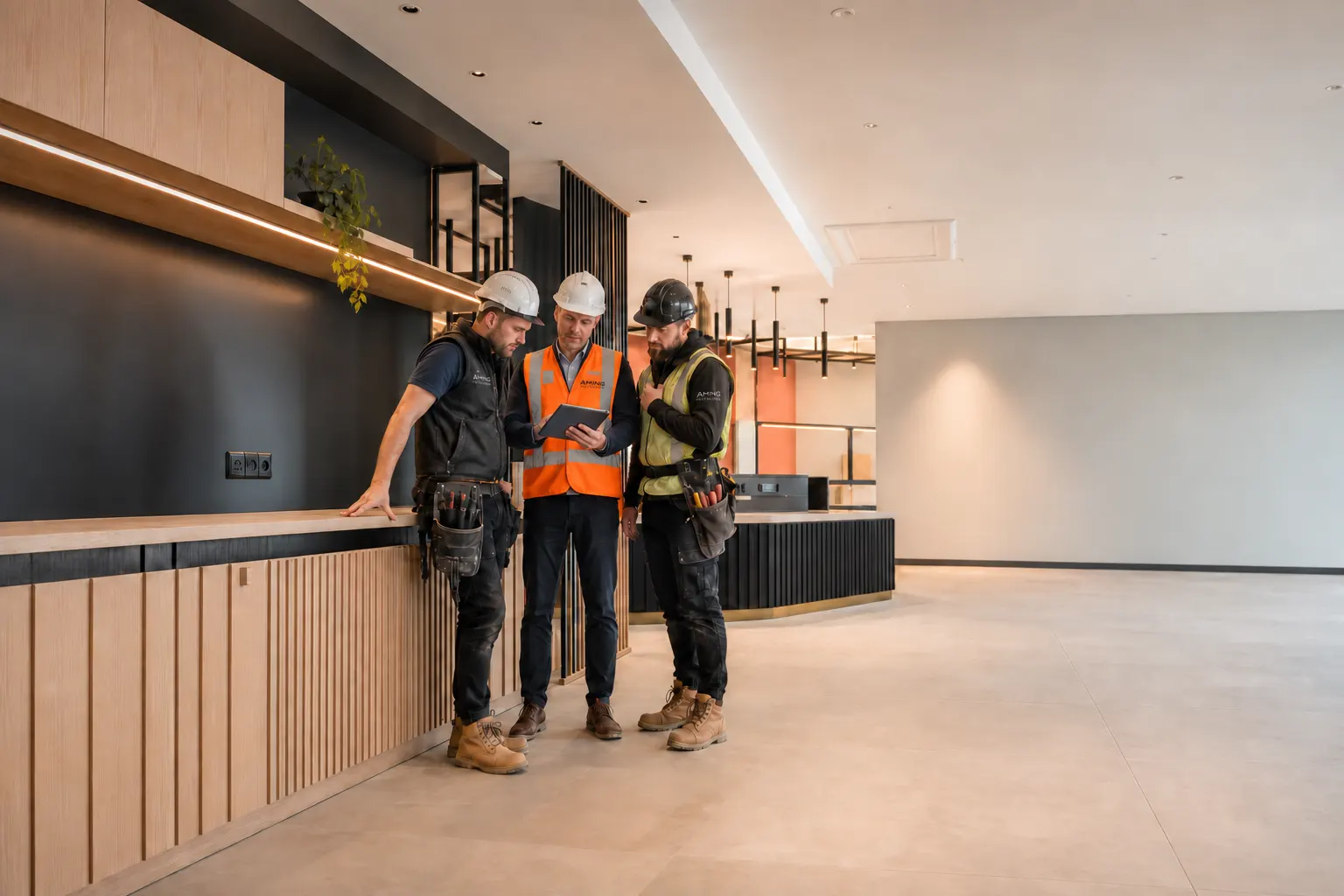 Concept illustration: project manager and trades reviewing a nearly completed commercial fit-out