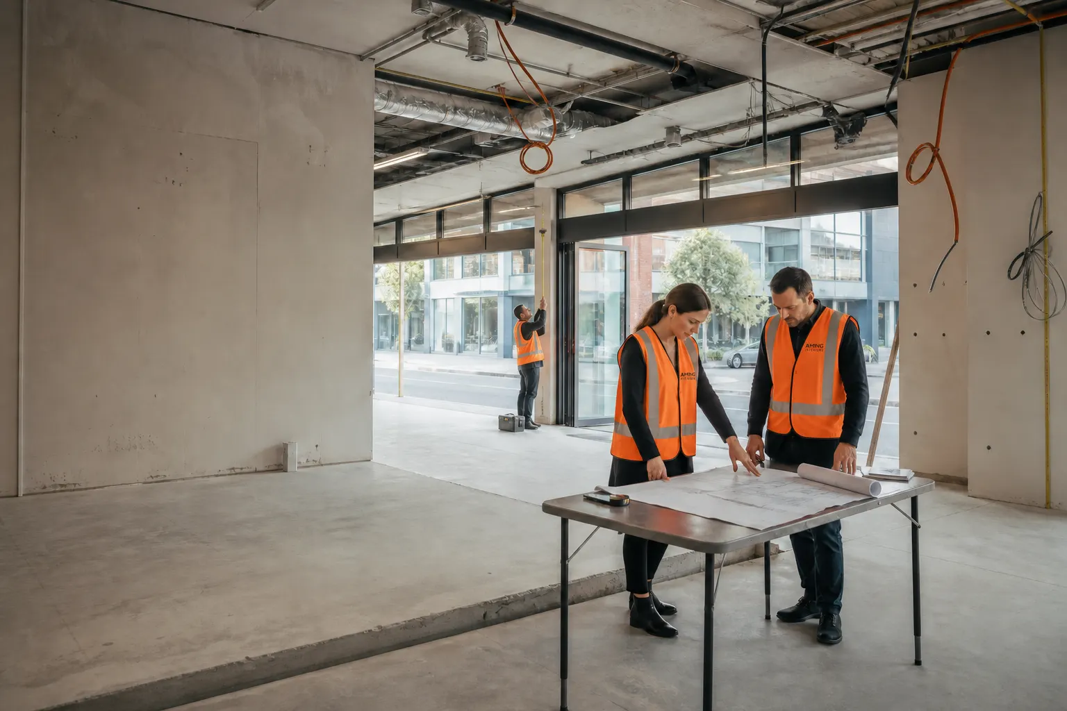 AMING team reviewing plans during an early site assessment in an empty commercial tenancy