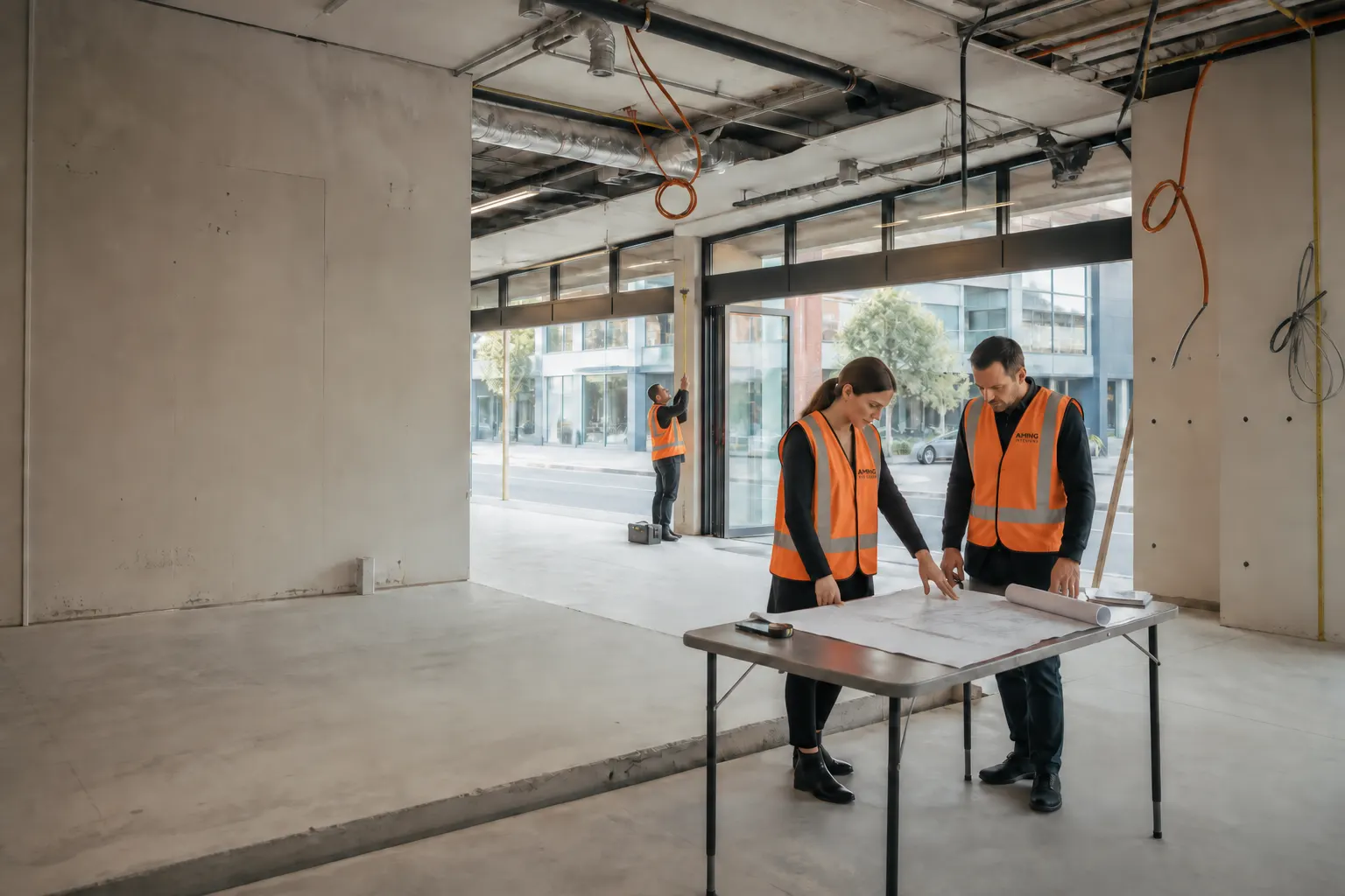 Concept illustration: team reviewing plans during an early site assessment in an empty commercial tenancy