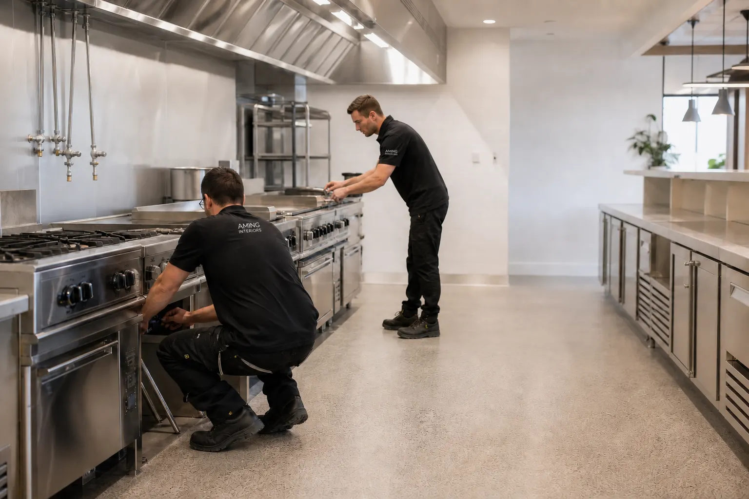 Technicians aligning stainless commercial kitchen equipment during final installation