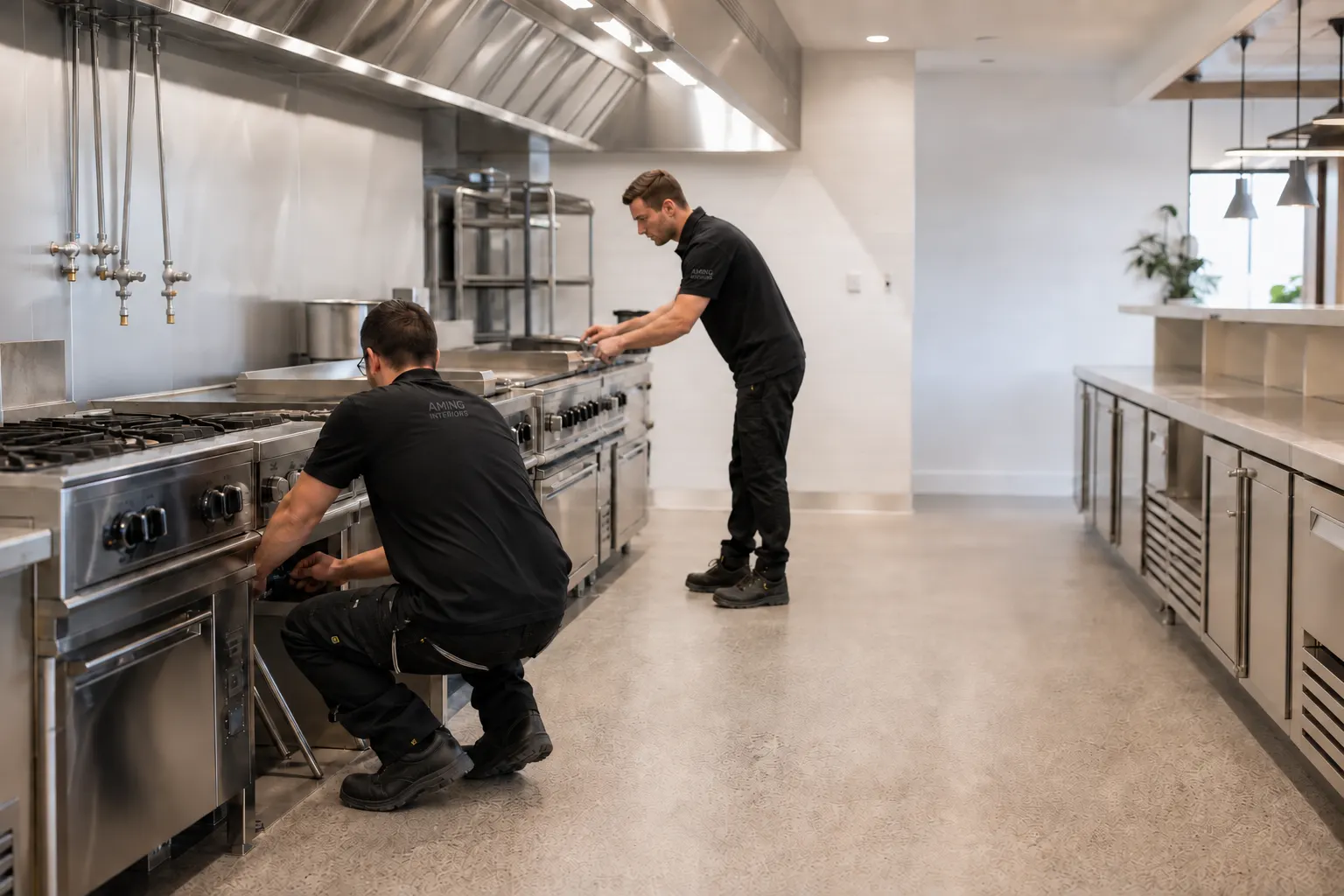Concept illustration: Technicians aligning stainless commercial kitchen equipment during final installation