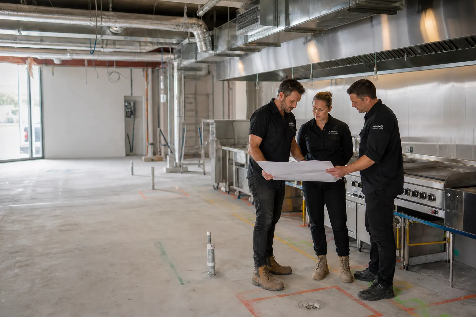 AMING team reviewing a commercial kitchen equipment and services layout on site