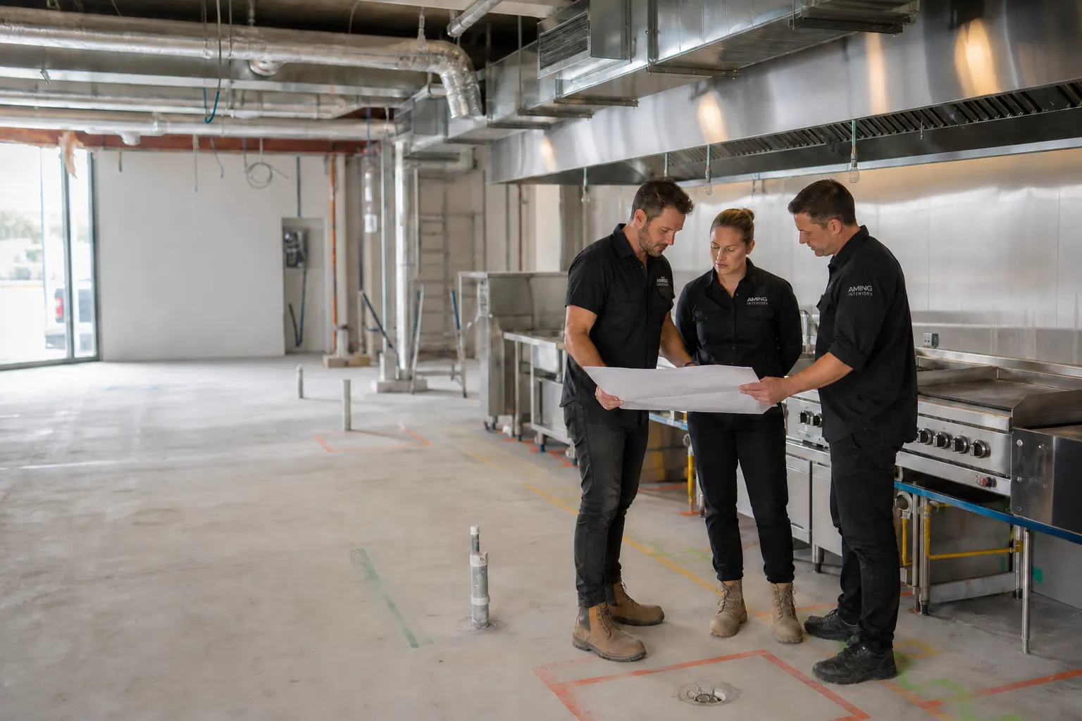 Concept illustration: team reviewing a commercial kitchen equipment and services layout on site
