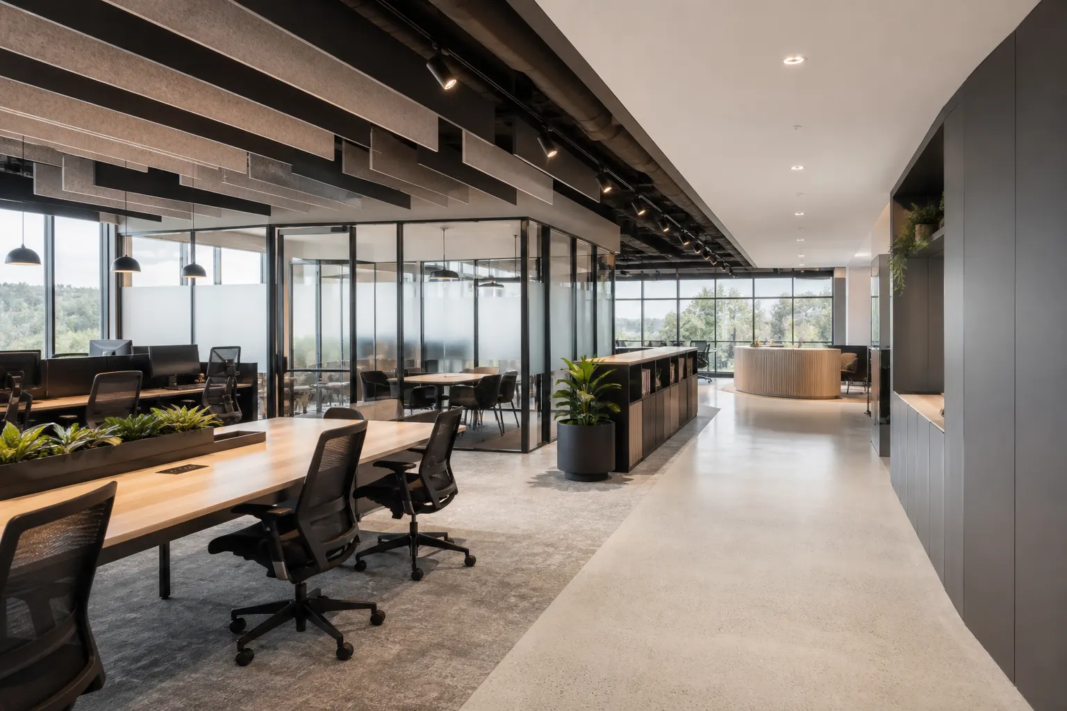 AMING commercial office fit-out with glazed meeting rooms, acoustic ceilings and custom storage