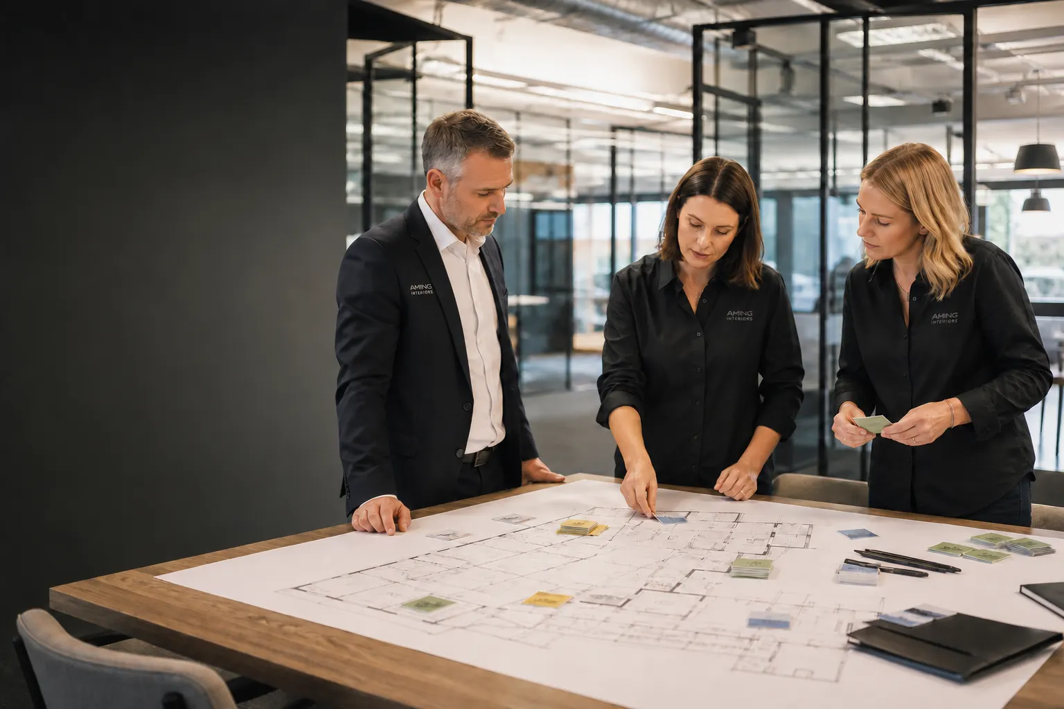 Concept illustration: Workplace team planning focus, collaboration, meeting and technology zones