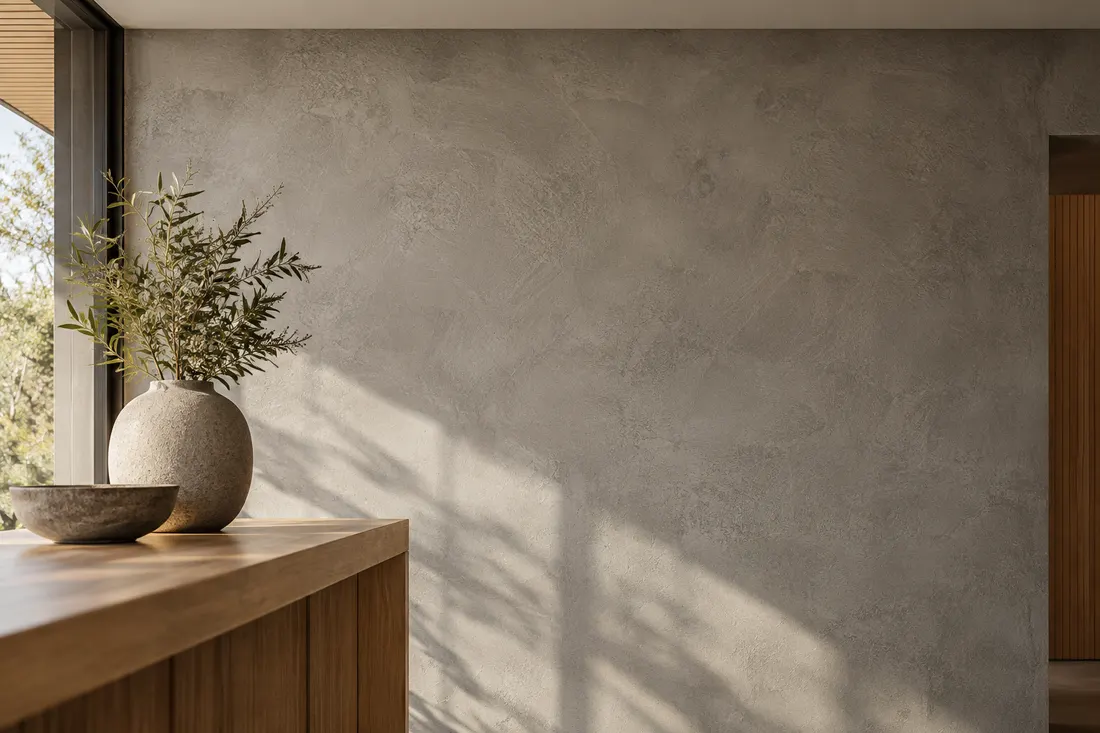 AI concept: matte grey concrete-effect wall plaster with broad trowel movement