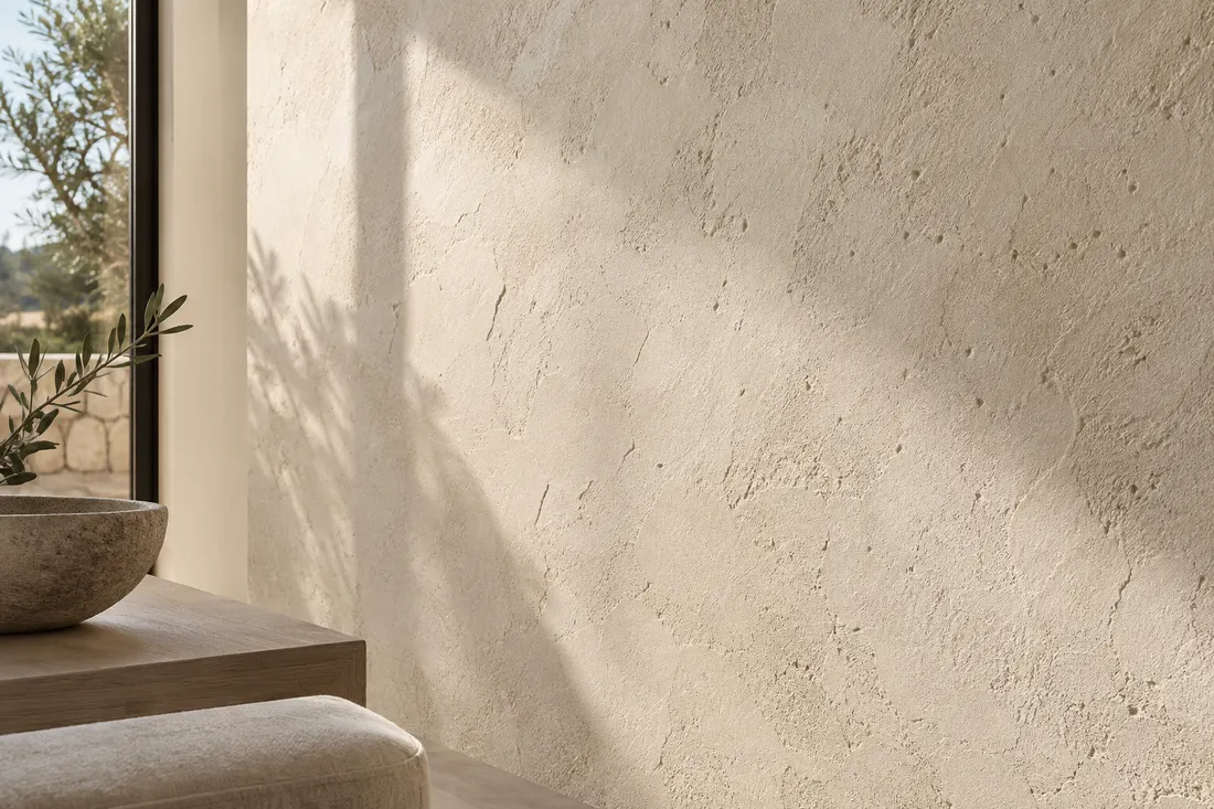 AI concept: hand-trowelled mineral plaster with fine aggregate and stone-like texture
