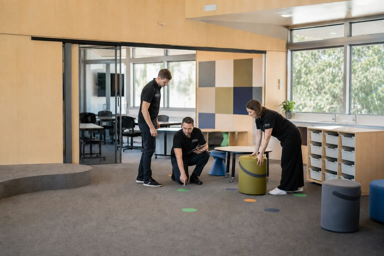 Education team planning flexible learning zones, acoustics and specialist storage