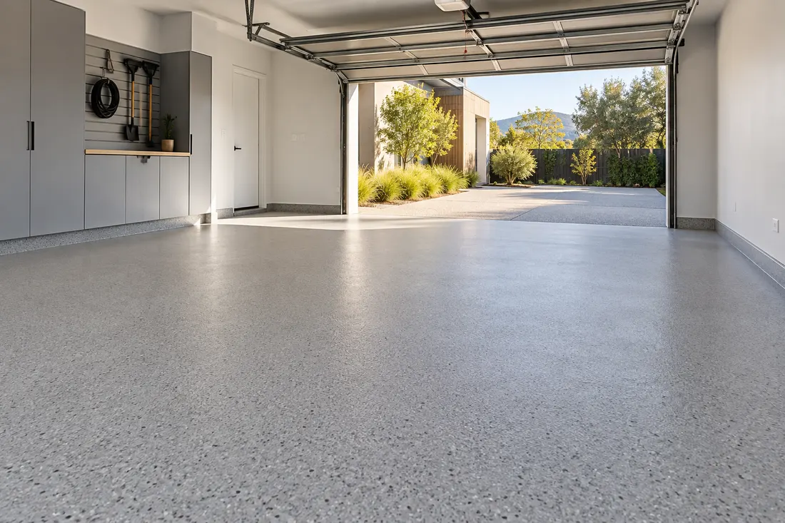 AI concept: satin grey epoxy floor with subtle flakes in a residential garage