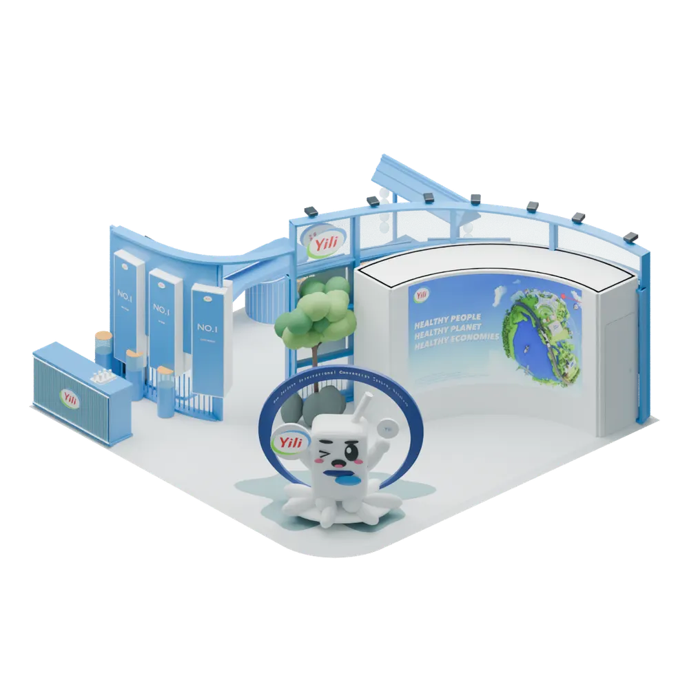 Perspective view of the exhibition stand design, showing display counters, graphics and overhead rings