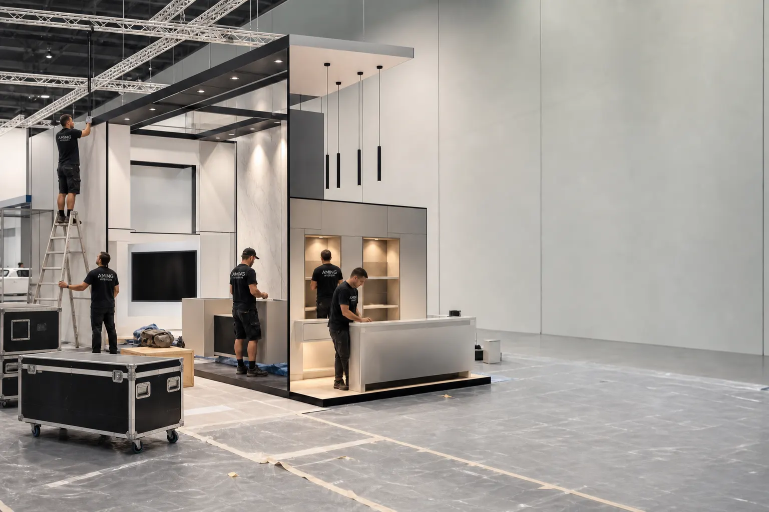 Crew installing a modular exhibition environment before an event opening