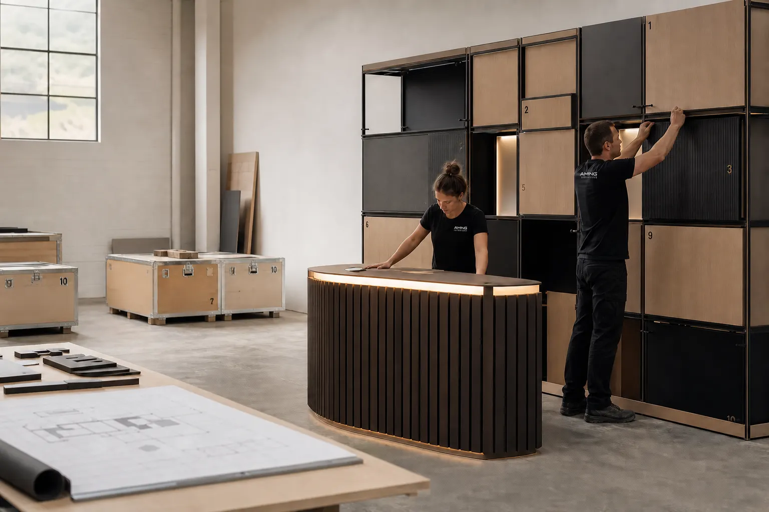 AMING team test assembling a modular exhibition wall and reception counter