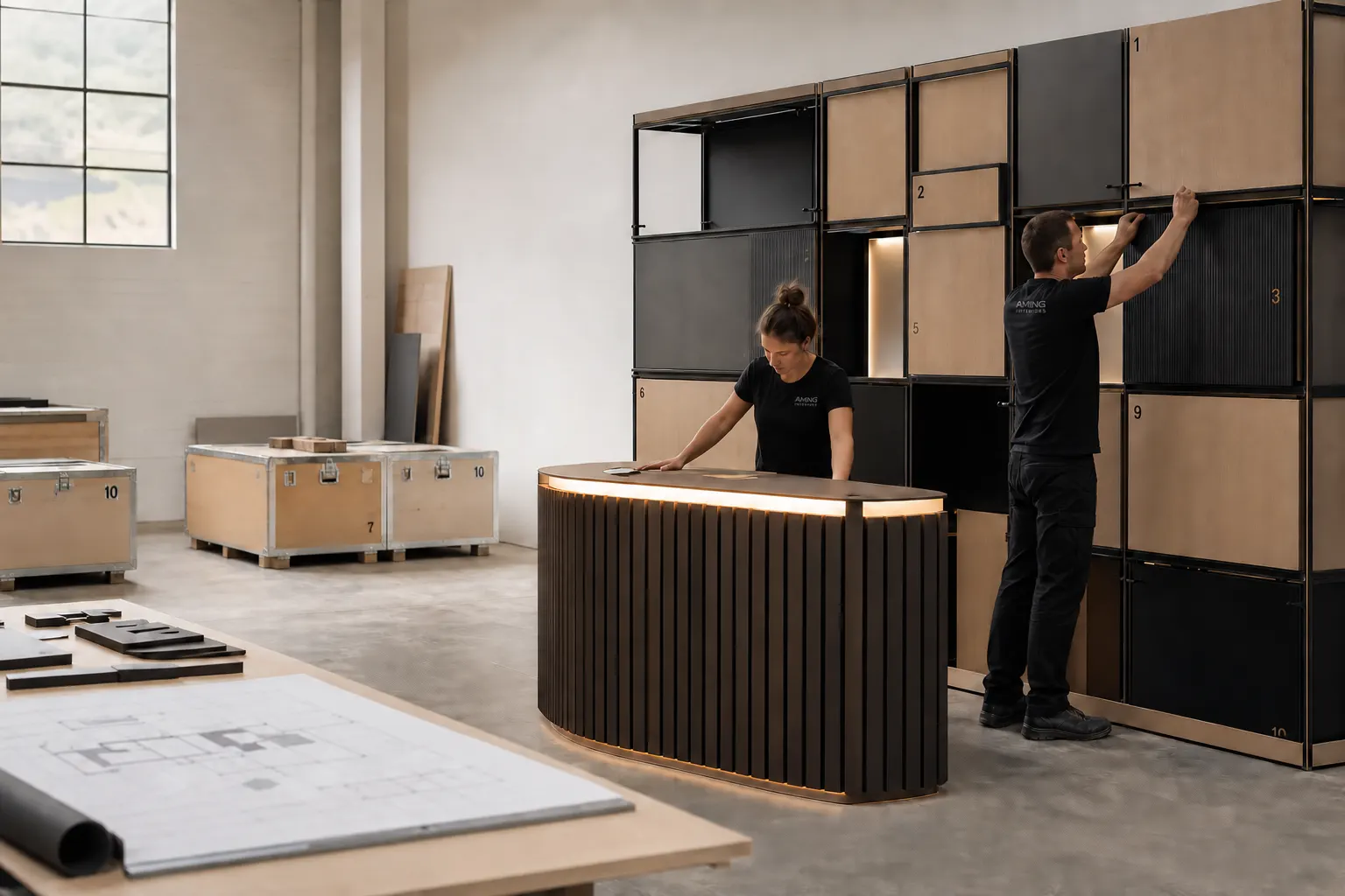 Concept illustration: team test assembling a modular exhibition wall and reception counter