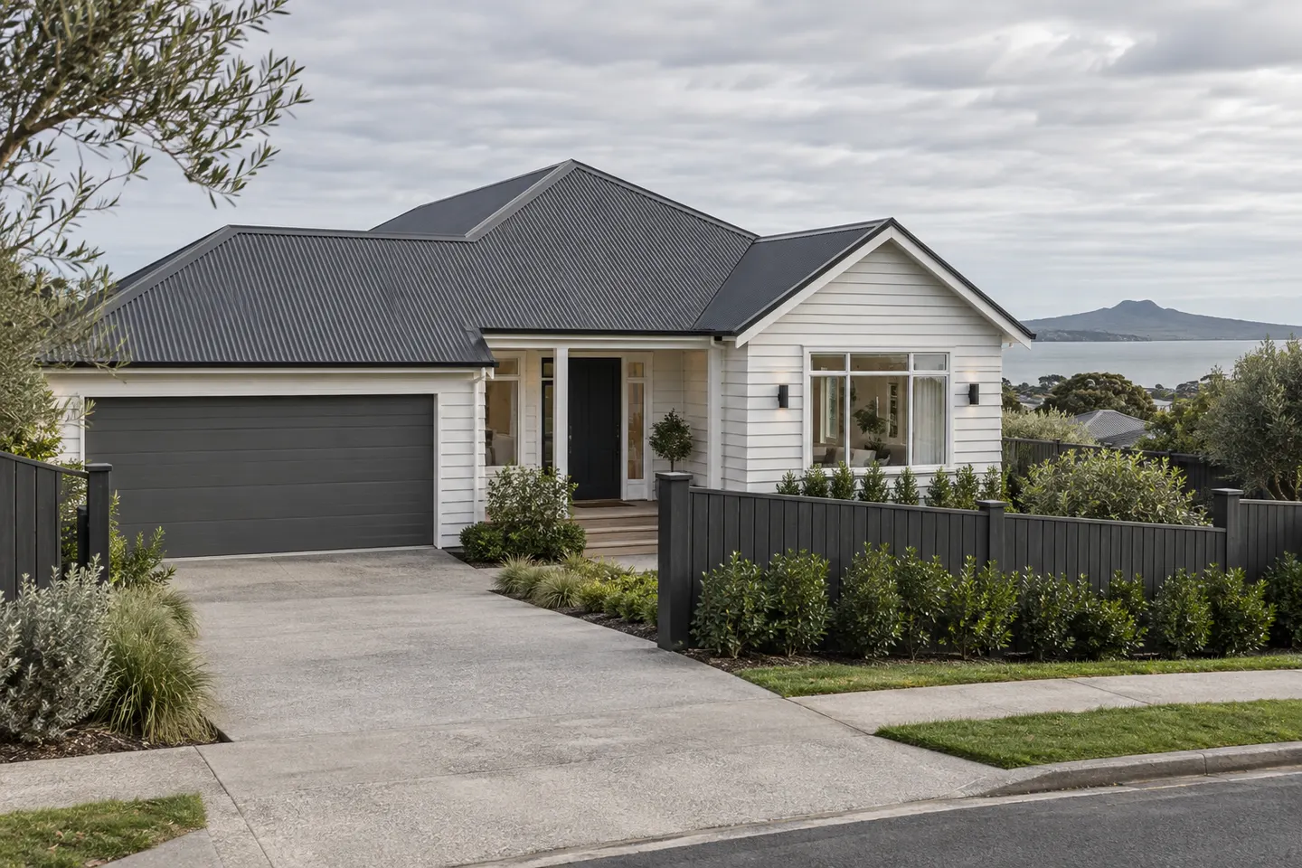 AI concept: painted weatherboard exterior, metal roof and timber fence at a home