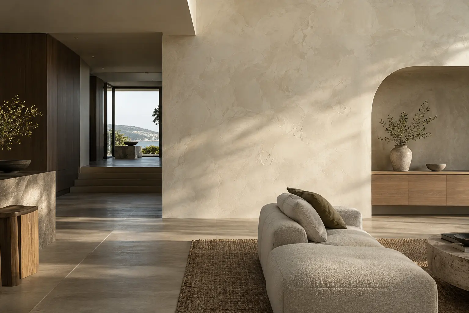 AI concept: warm plaster feature wall, limewash alcove and timber cabinetry
