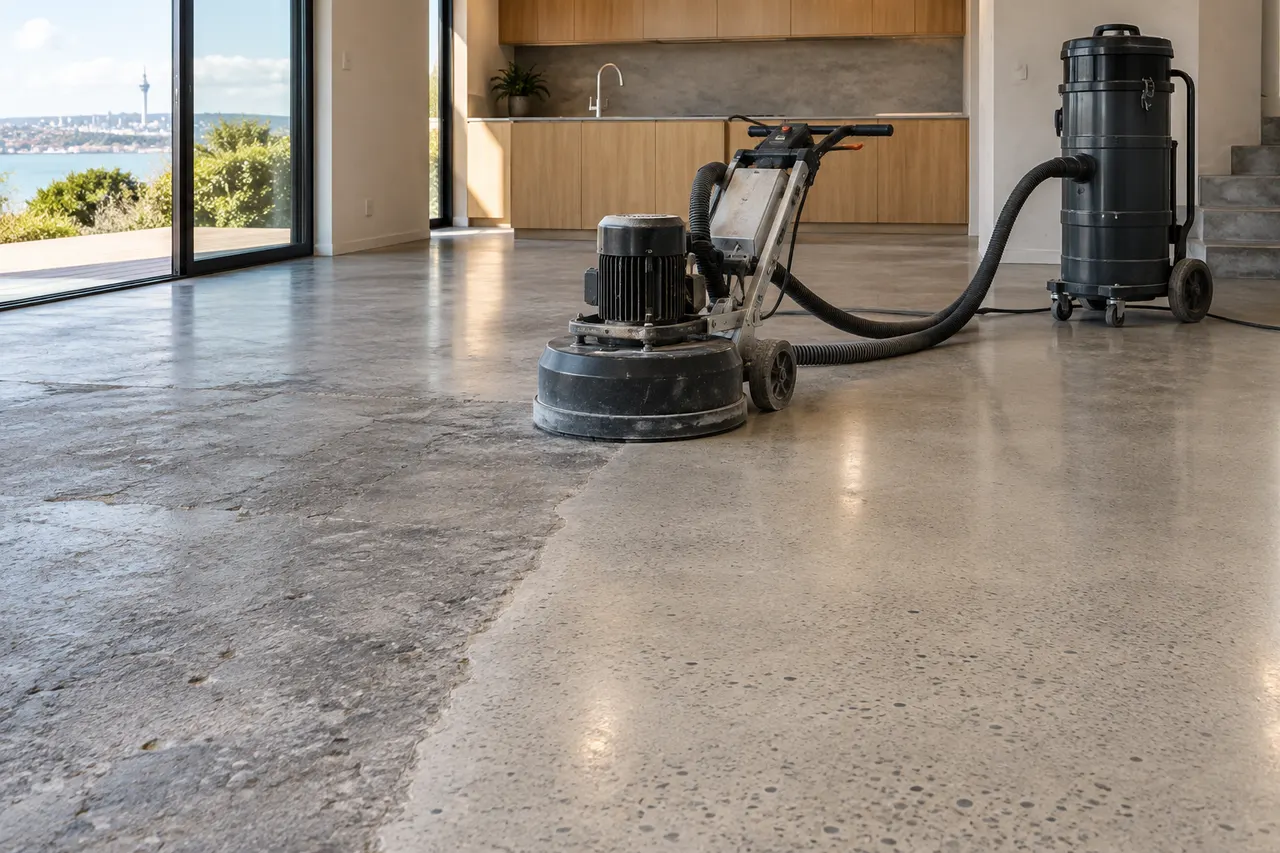 AI concept: concrete floor grinder connected to a dust extractor on a renovation site
