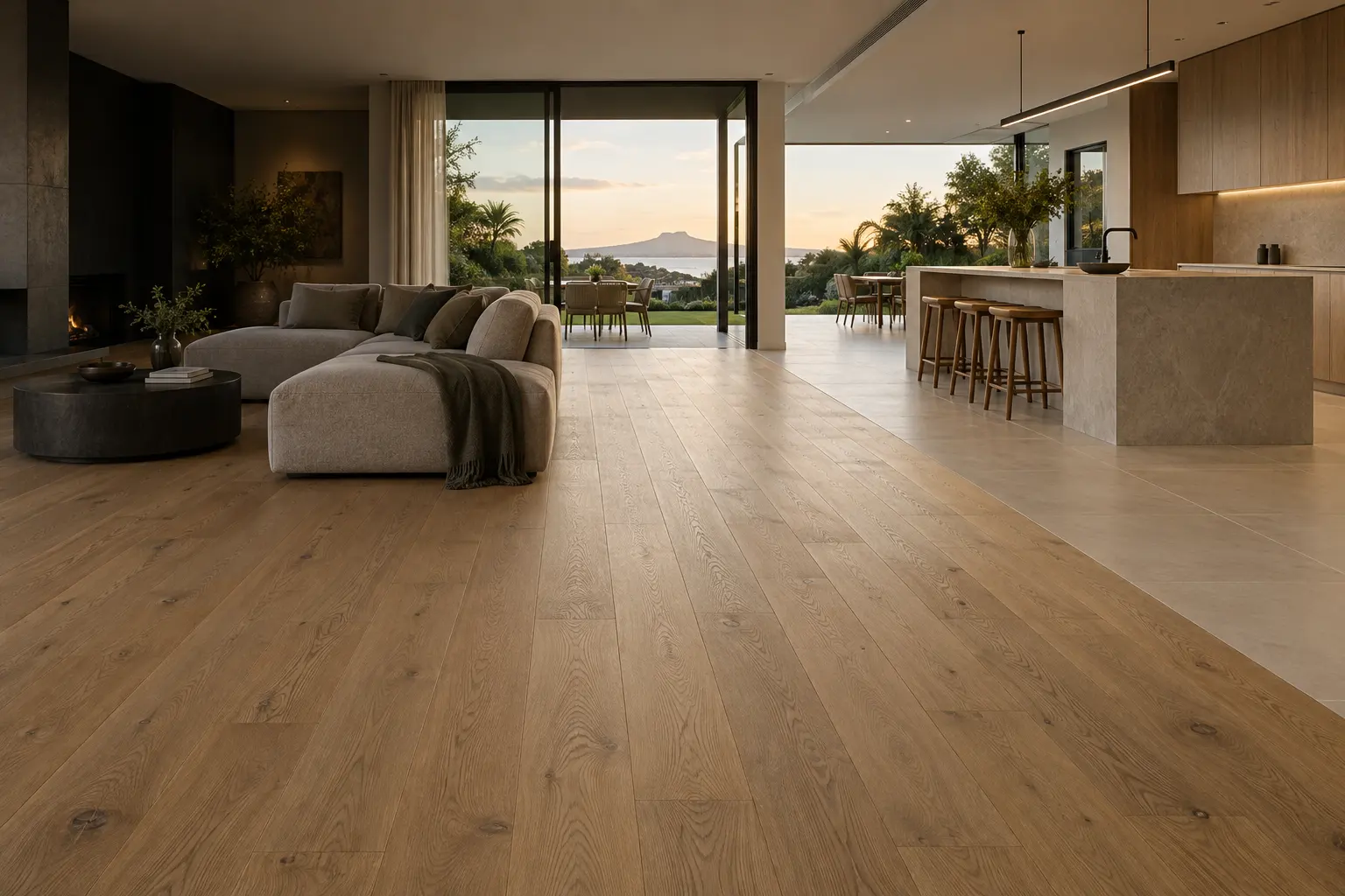 AI concept: oak flooring meeting large porcelain tiles in a sunlit home