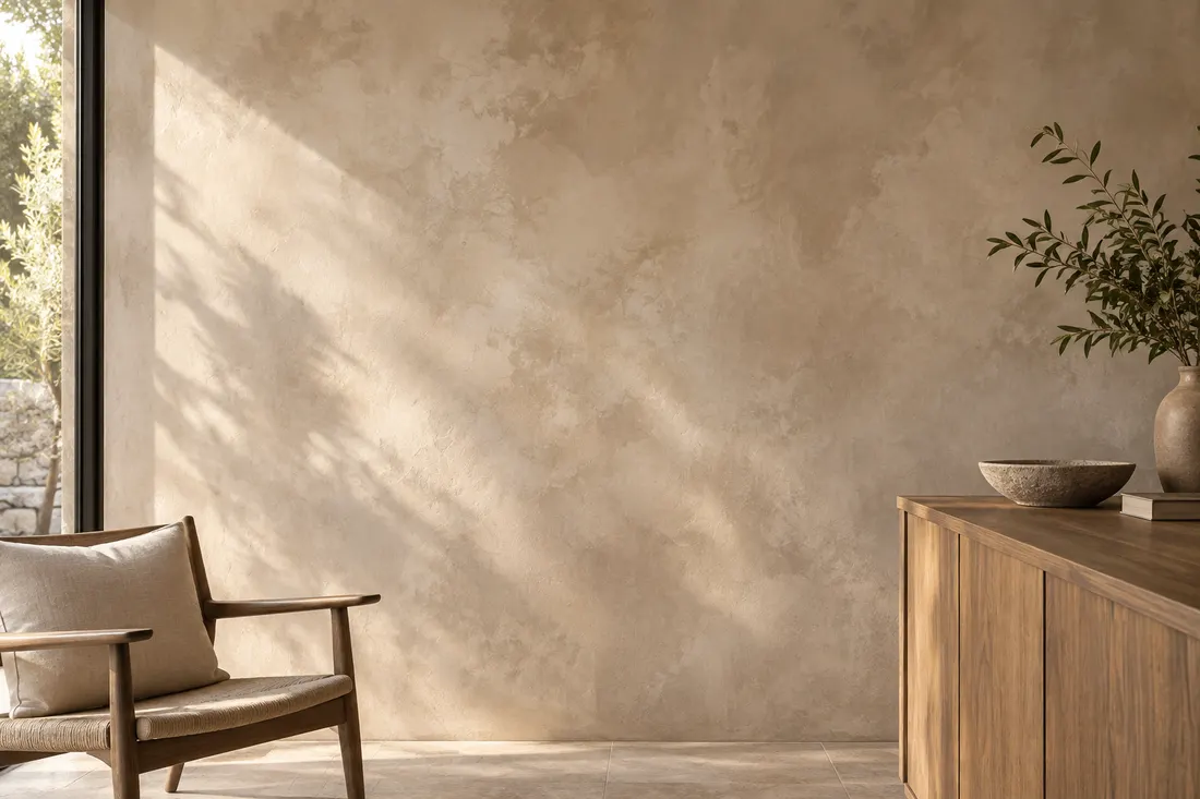 AI concept: warm taupe French wash paint with delicate broken colour