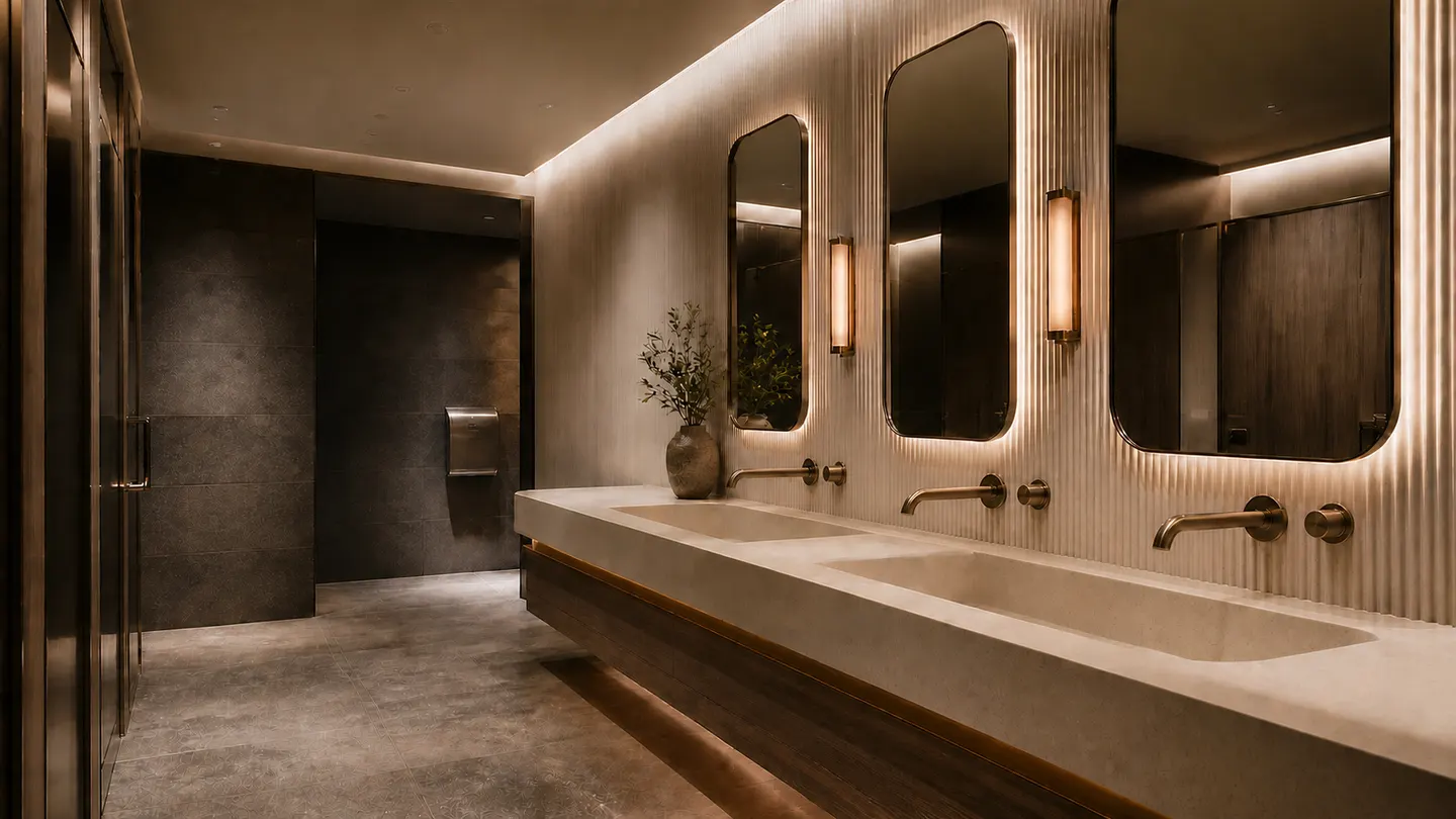 Illustrative commercial bathroom with integrated solid-surface washplane and coordinated lighting