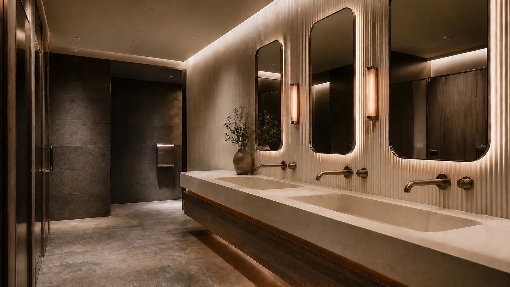 Illustrative commercial bathroom with integrated solid-surface washplane and coordinated lighting
