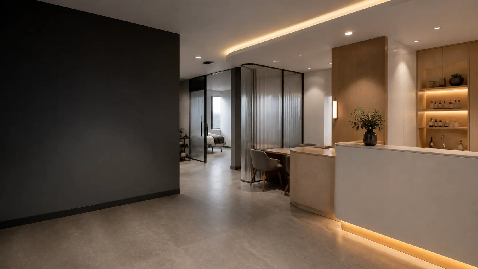 Illustrative wellness reception with curved counter, integrated lighting and custom cabinetry