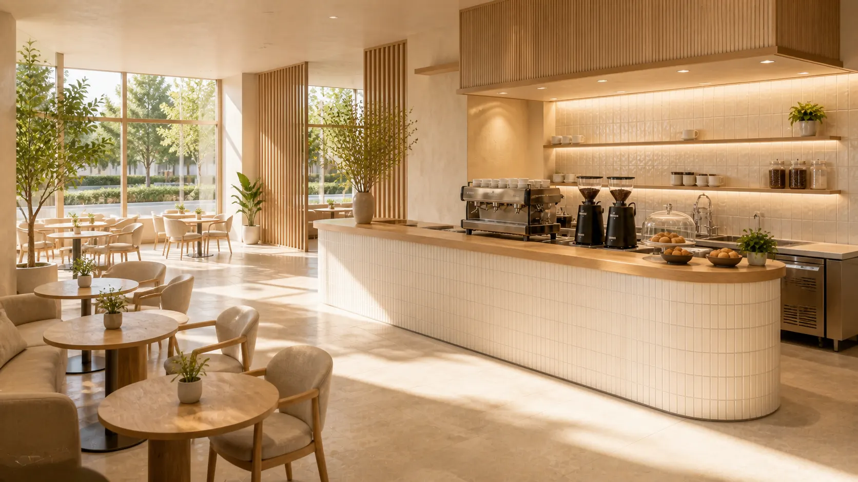 Illustrative hospitality service counter with curved tiled front, timber top and integrated equipment