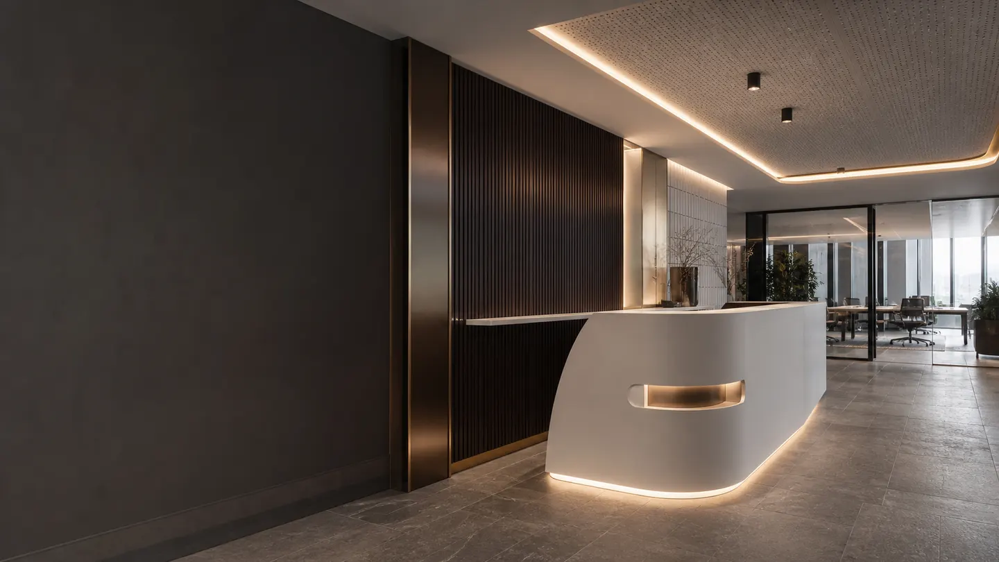 Illustrative commercial office reception with a sculpted solid-surface counter and coordinated timber wall detailing