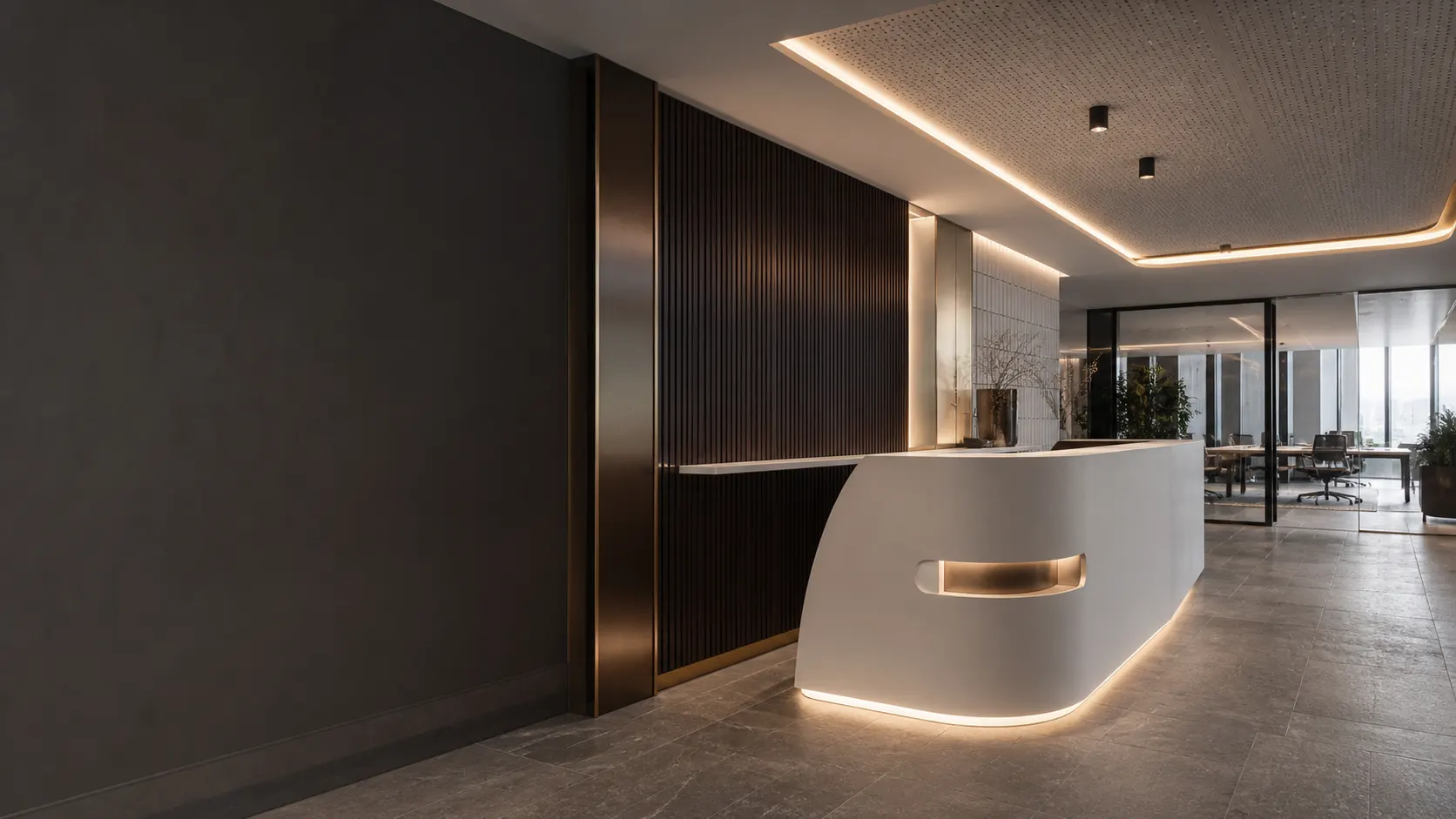 Illustrative commercial office reception with a sculpted solid-surface counter and coordinated timber wall detailing