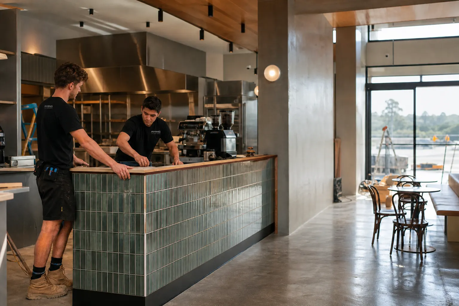 AMING crew coordinating a hospitality counter, commercial kitchen and durable finishes