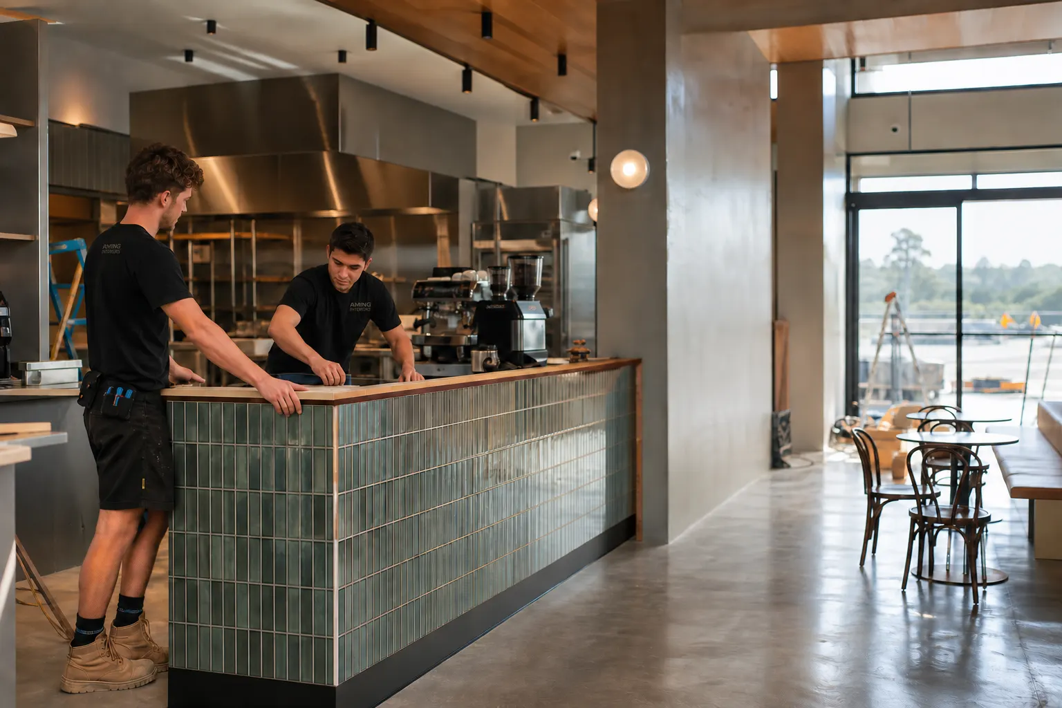 Concept illustration: crew coordinating a hospitality counter, commercial kitchen and durable finishes